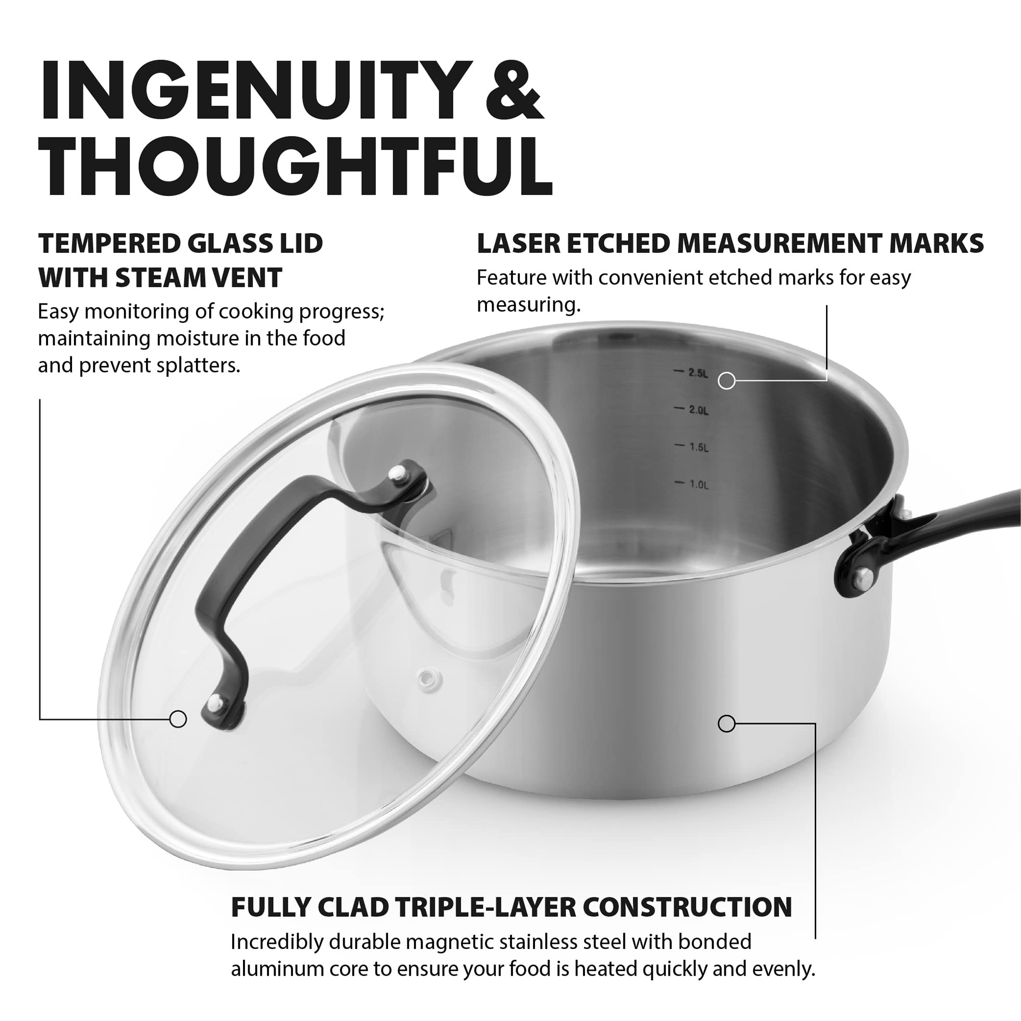 Grandties Full-Clad Tri-Ply Stainless Steel Sauce Pan Induction Cookware - 3 Qt Stainless Steel Pot, Marquina Black Metal Handle