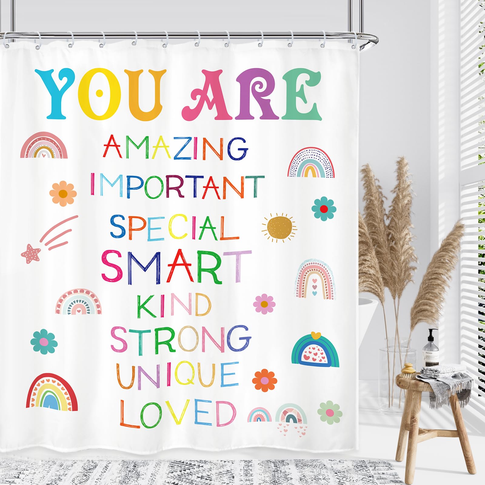Kalmico Girls Quotes Inspirational Shower Curtain 60Wx72L Inch Rainbow You Are Motivational Positive Kids Nursery Bathroom Set A