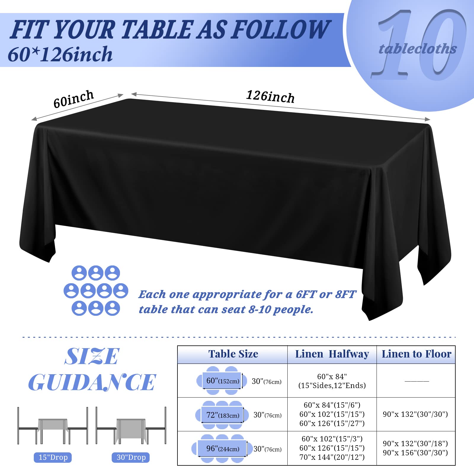 Pesonlook 10Pack Rectangle Tablecloth 60 X 126 Inch, Black Polyester Table Cloth For 8 Foot Rectangle Tables, Washable Fabric Ta