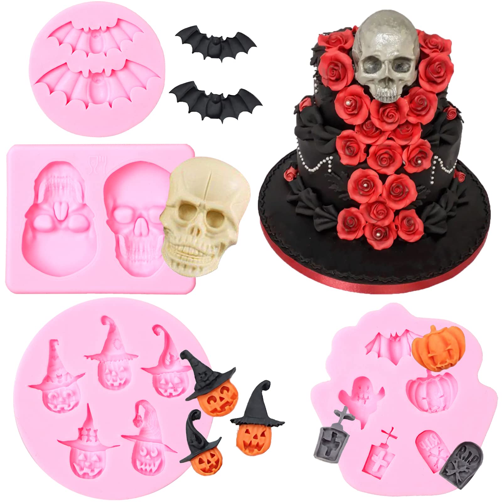 Halloween Cake Skull Fondant Molds 4 Pcs, Chocolate Pumpkin Bat Spider Silicone Mould For Halloween Cake Decorations Cake Decora