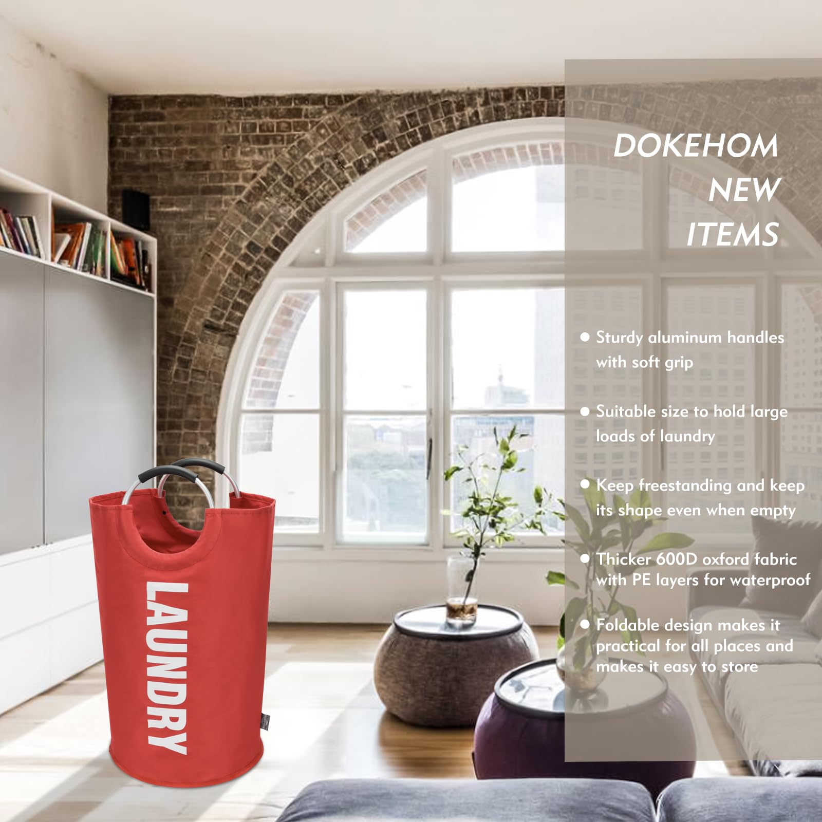 DOKEHOM 90L Large Laundry Basket  collapsible Laundry Bag  Freestanding Tall clothes Hamper  Foldable Washing Bin (Red)