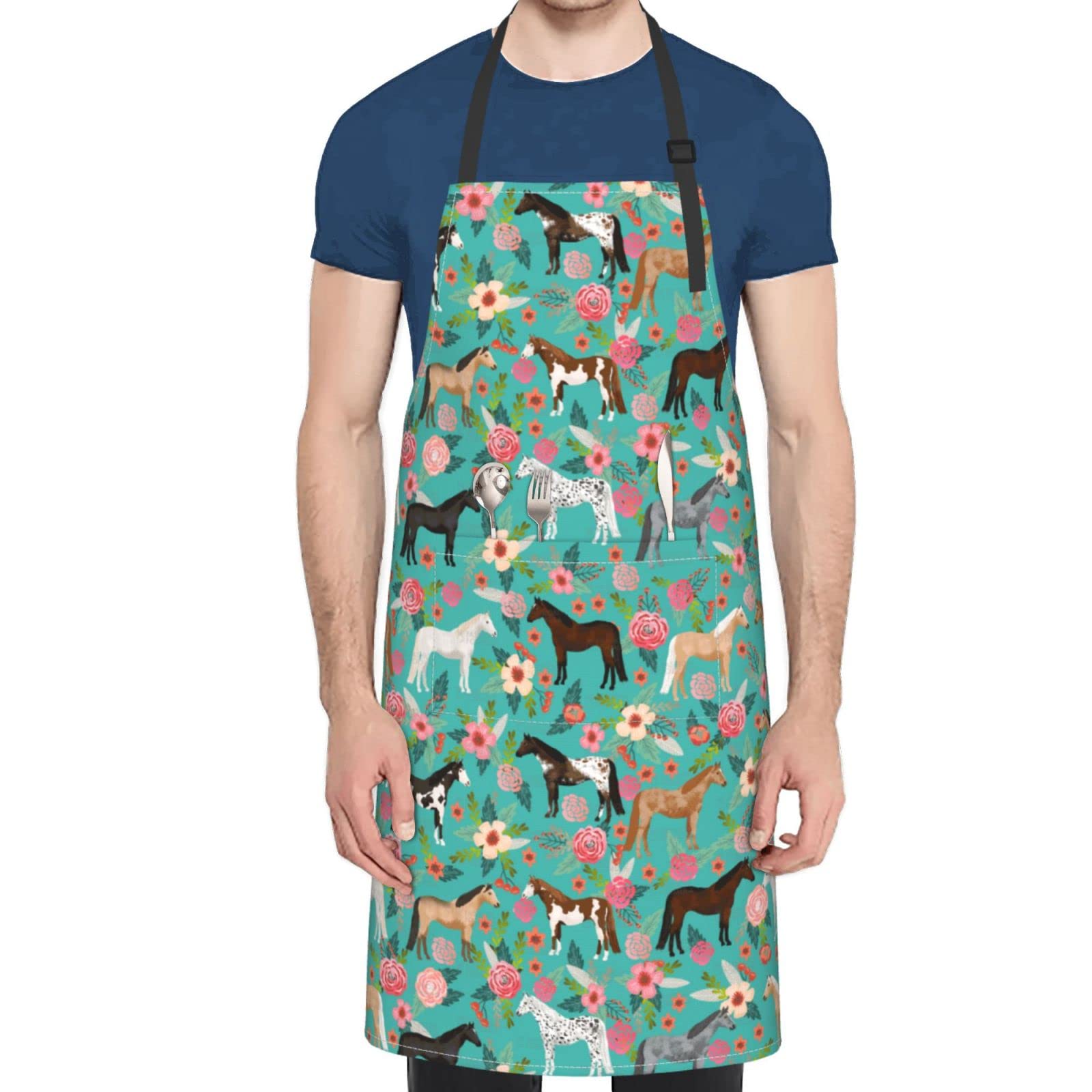 Welbb Aprons With Pockets For Men Women Kitchen Apron Cooking Waterproof With Adjustable Neck Floral Horse Print, Black, One Siz