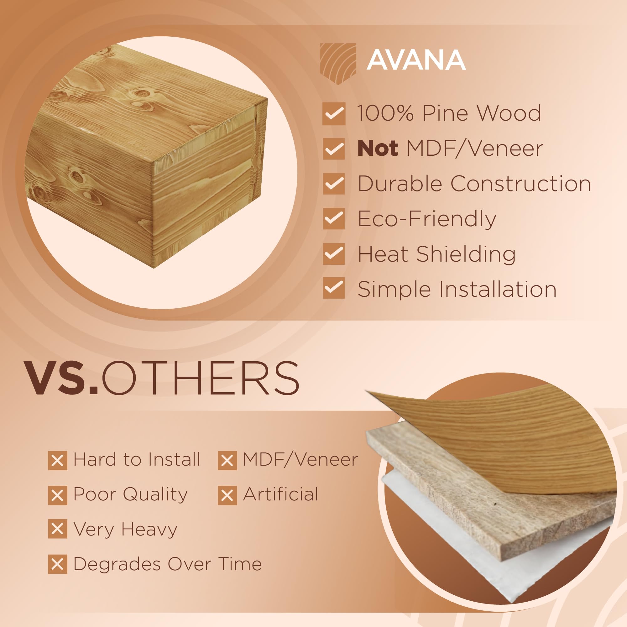 Avana Fireplace Mantle - Natural Fireplace Mantles Wood - Mounted Mantles For Over Fireplace - Handcrafted Fireplace Wood Mantel