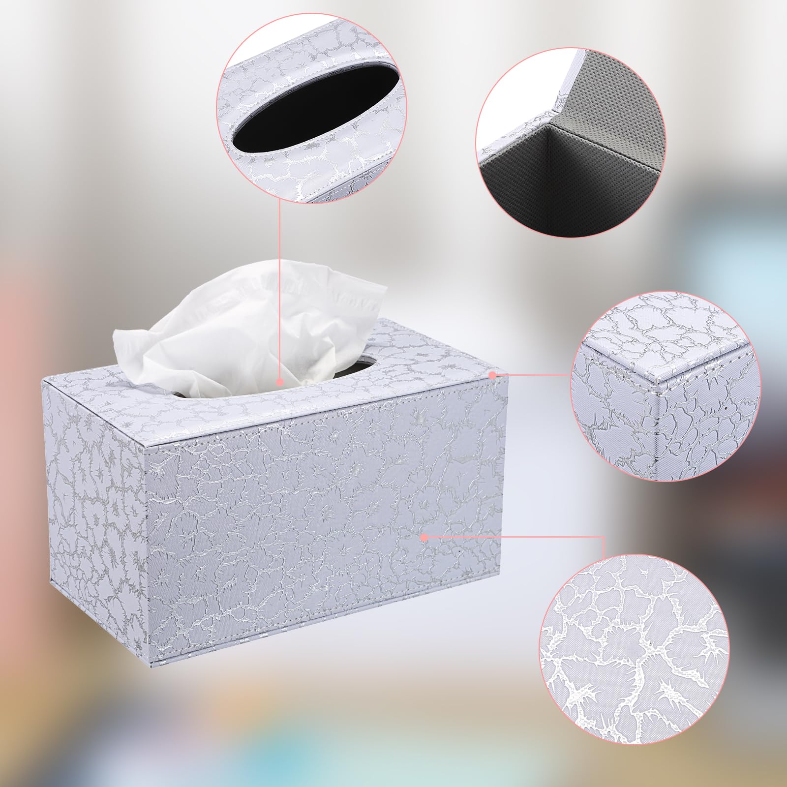 Sumnacon Tissue Box Cover Rectangle Leather Tissue Box With Magnetic Bottom,Pu Tissue Box Holder Decorative Silver Tissue Cover
