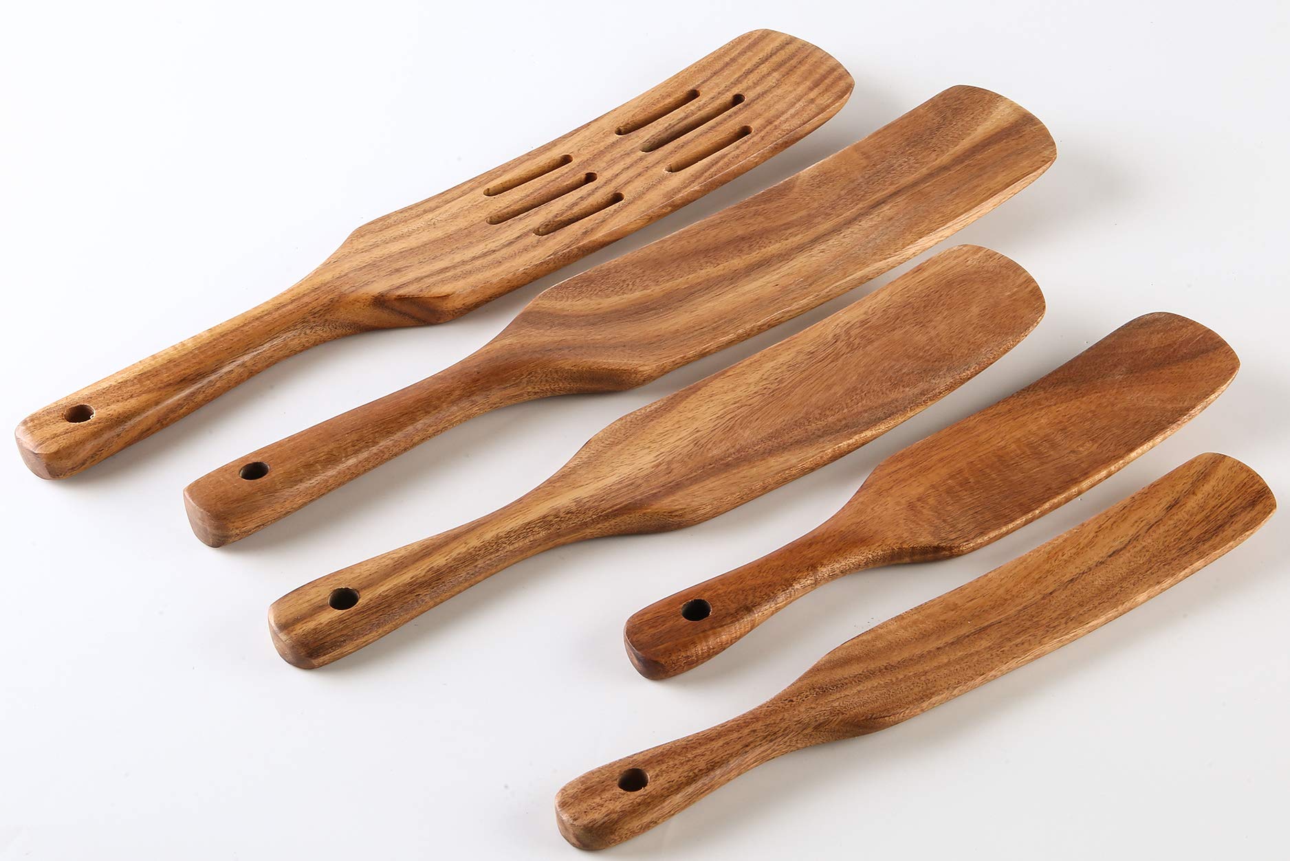 5 Pcs Wooden Spurtles Set For Cooking, Nayahose Natural Teak Wood Slotted Spurtles For Stirring, Mixing, Serving, Non-Stick Heat