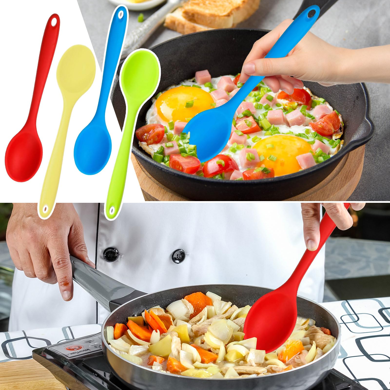 Tuojecuk 4 Pcs Mixing Spoons Set, 8" Silicone Nonstick Kitchen Utensils, Multicolor, Heat Resistant for Cooking and Baking