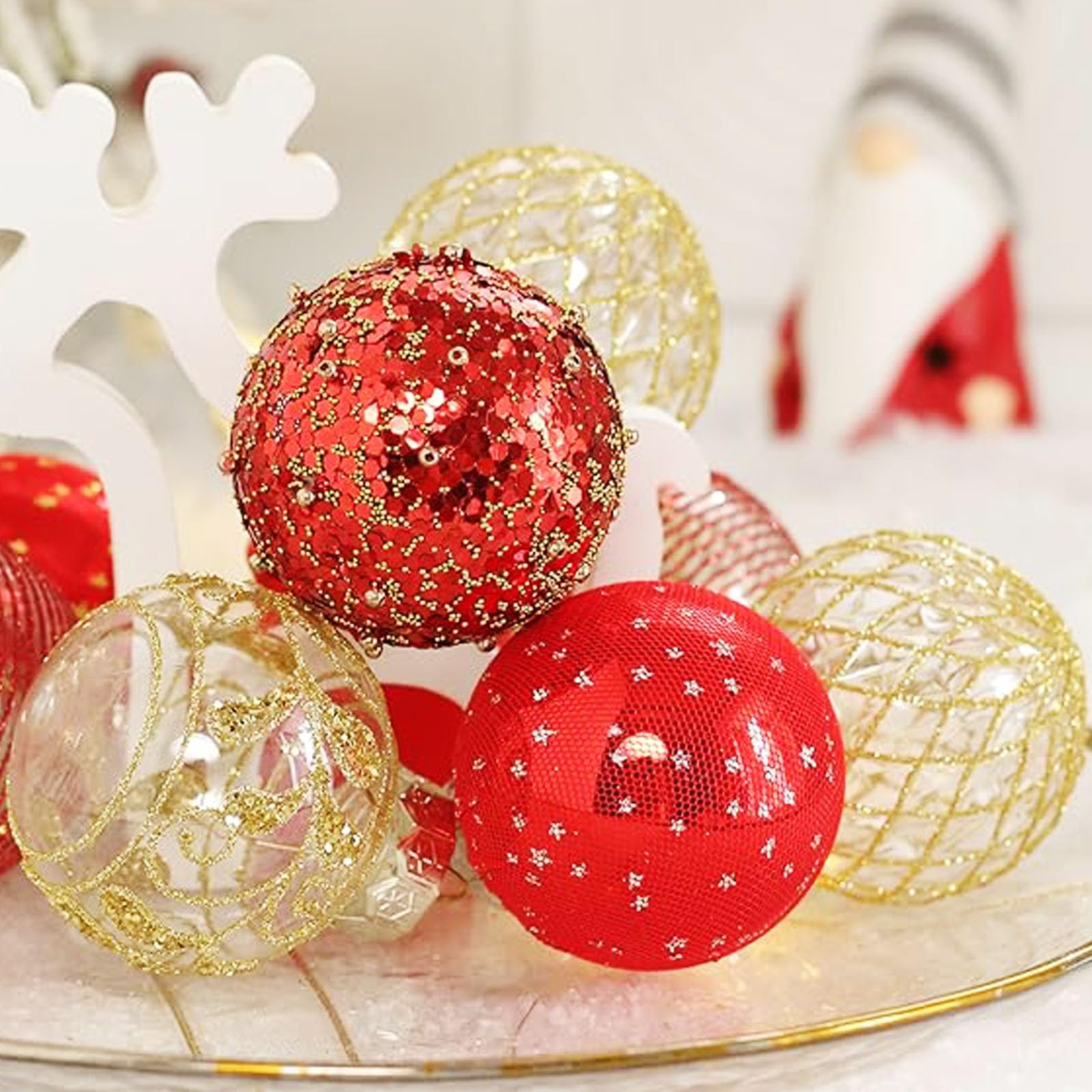 25Pcs Christmasl Ornaments Set,2.36/60mm Red and Gold Christmas tress Decorations,Clear Plastic Shatterproof Christmas Ball Hang