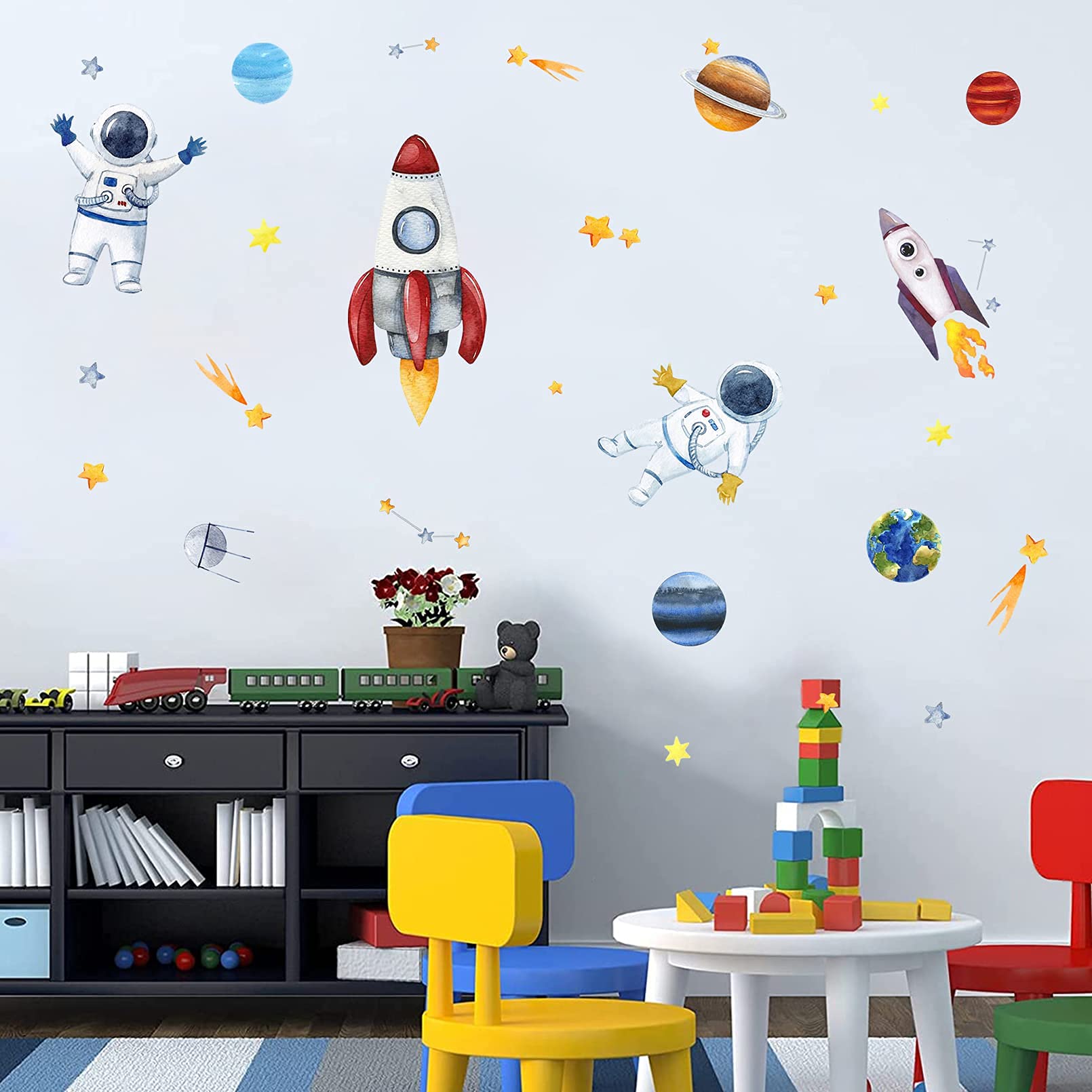 Yovkky Space Astronaut Spacecraft Wall Decal  Galaxy Solar System Planet Peel Stick Sticker Watercolor Rocket Cosmonaut Spaceship Star Nursery Decor  Home Play Room Decoration Kid Boy Bedroom Art Gift