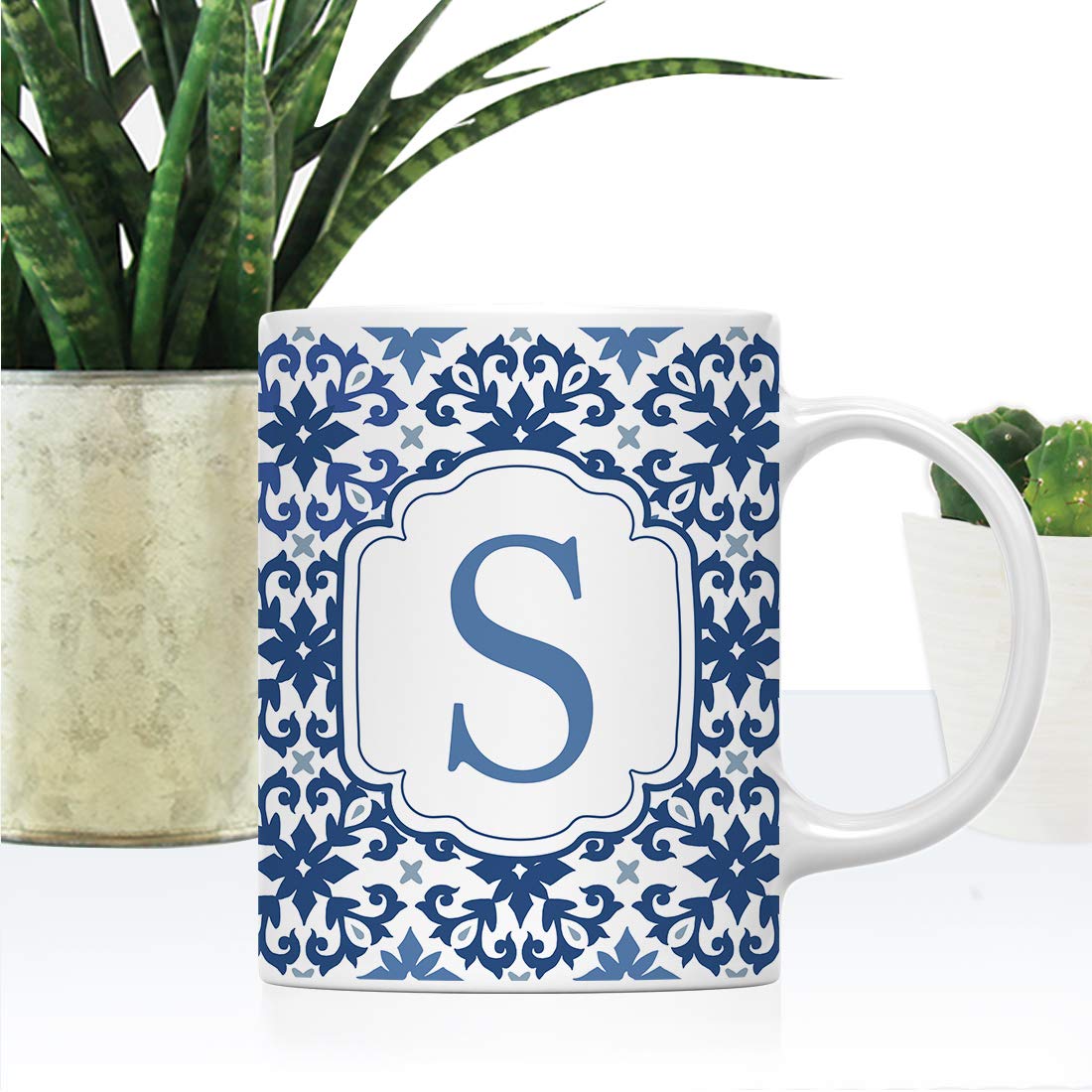 Andaz Press 11oz. Ceramic Coffee Tea Mug Gift, Moroccan Monogram Initial Letter S, 1-Pack, for Her, Birthday Christmas Ideas, Mo
