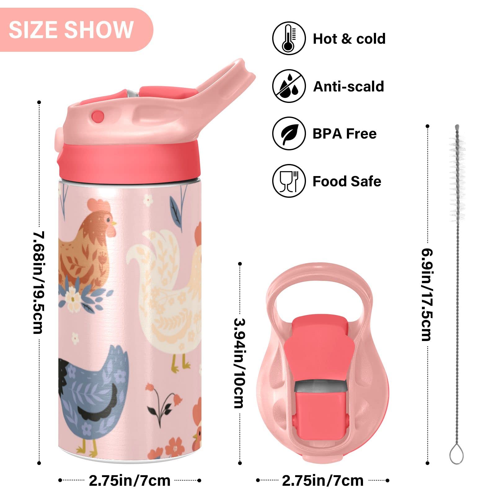 Kigai Cute Chickens And Flowers Kids Water Bottle, Vacuum Insulated Stainless Steel, Double Walled Leakproof Tumbler Travel Cup