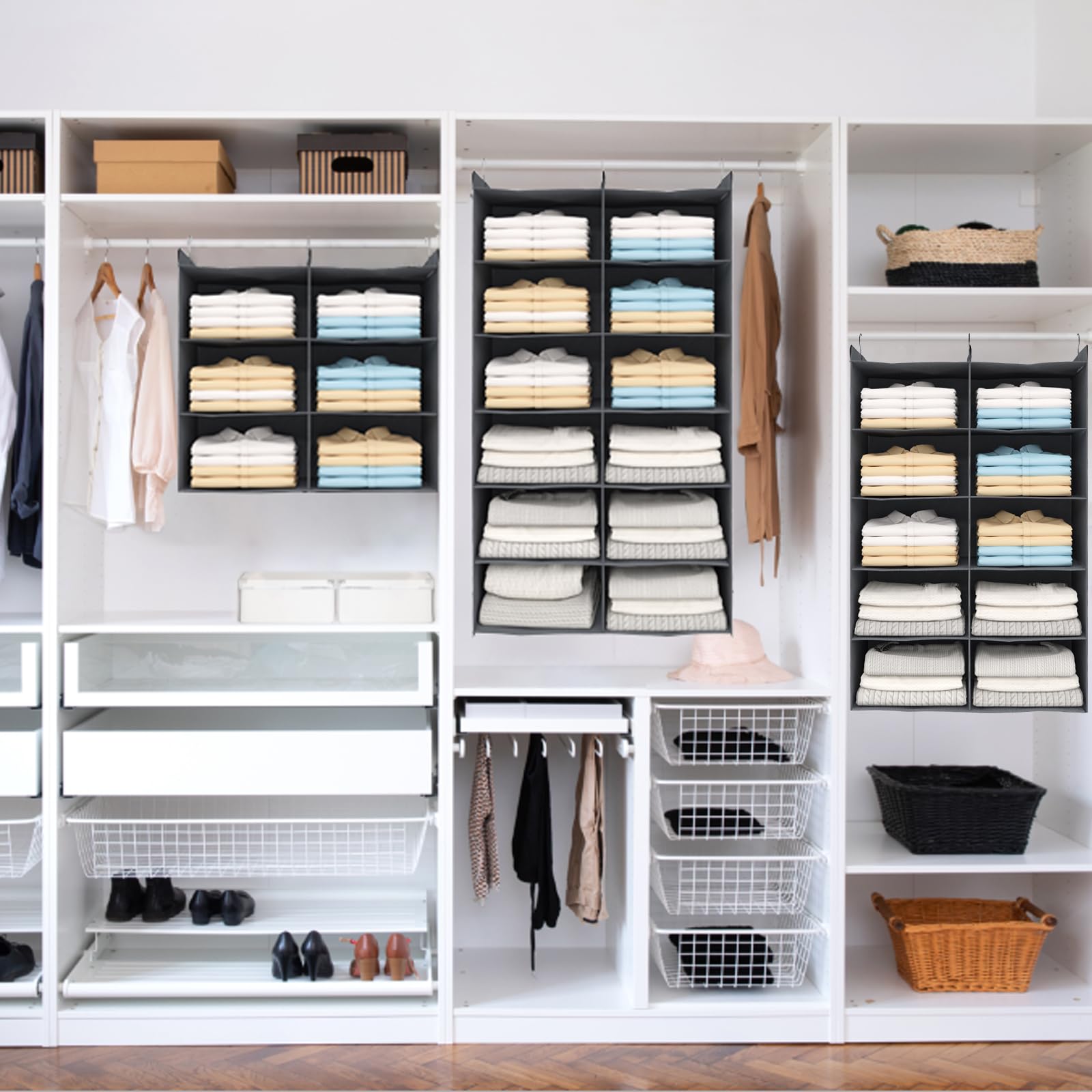 Alltidyup Dual-Row 6 Tier Shelf Hanging Closet Organizer And Storage, 12 Pockets Clothes Storage Shelves With 3 Sturdy Hooks For