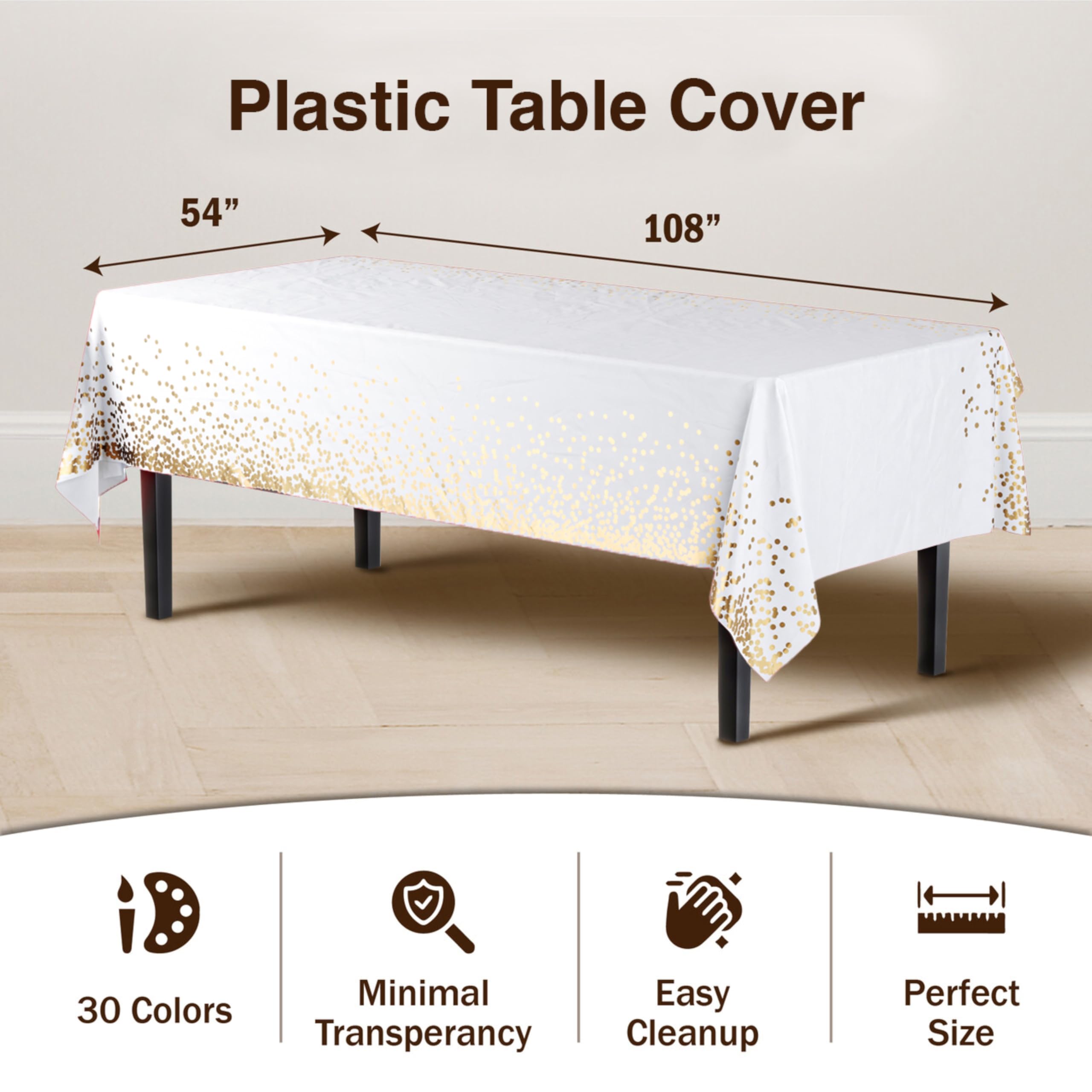 Exquisite Black And Gold Tablecloth 12-Pack New Years Plastic Tablecloth White And Gold Dot 54In. X 108In. Rectangle Table Cover