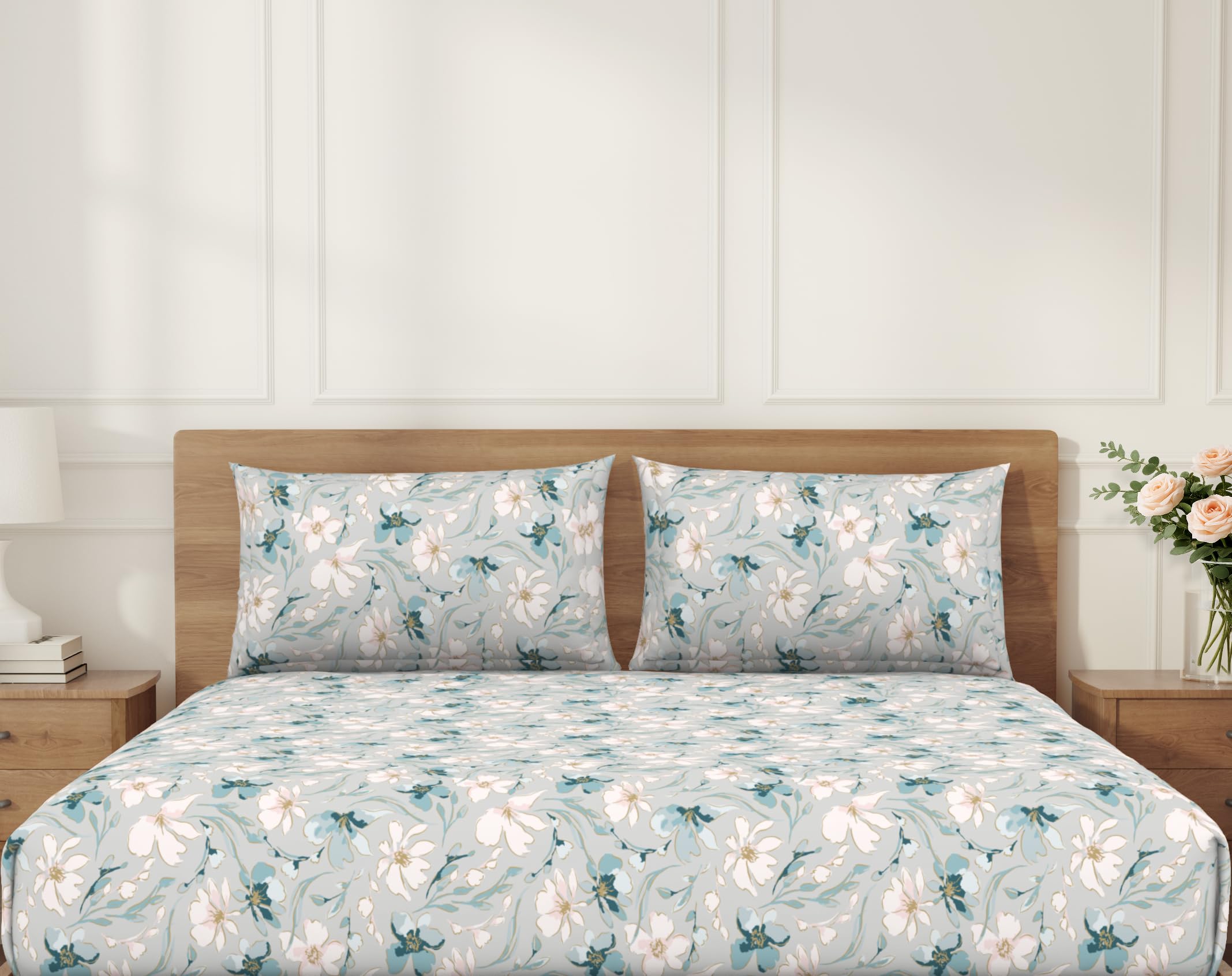 Welspun Enzo 100% Cotton 144 TC Percale Floral King Fitted Sheet with 2 Pillow Covers | Easy Care, Breathable, Soft & Lightweigh
