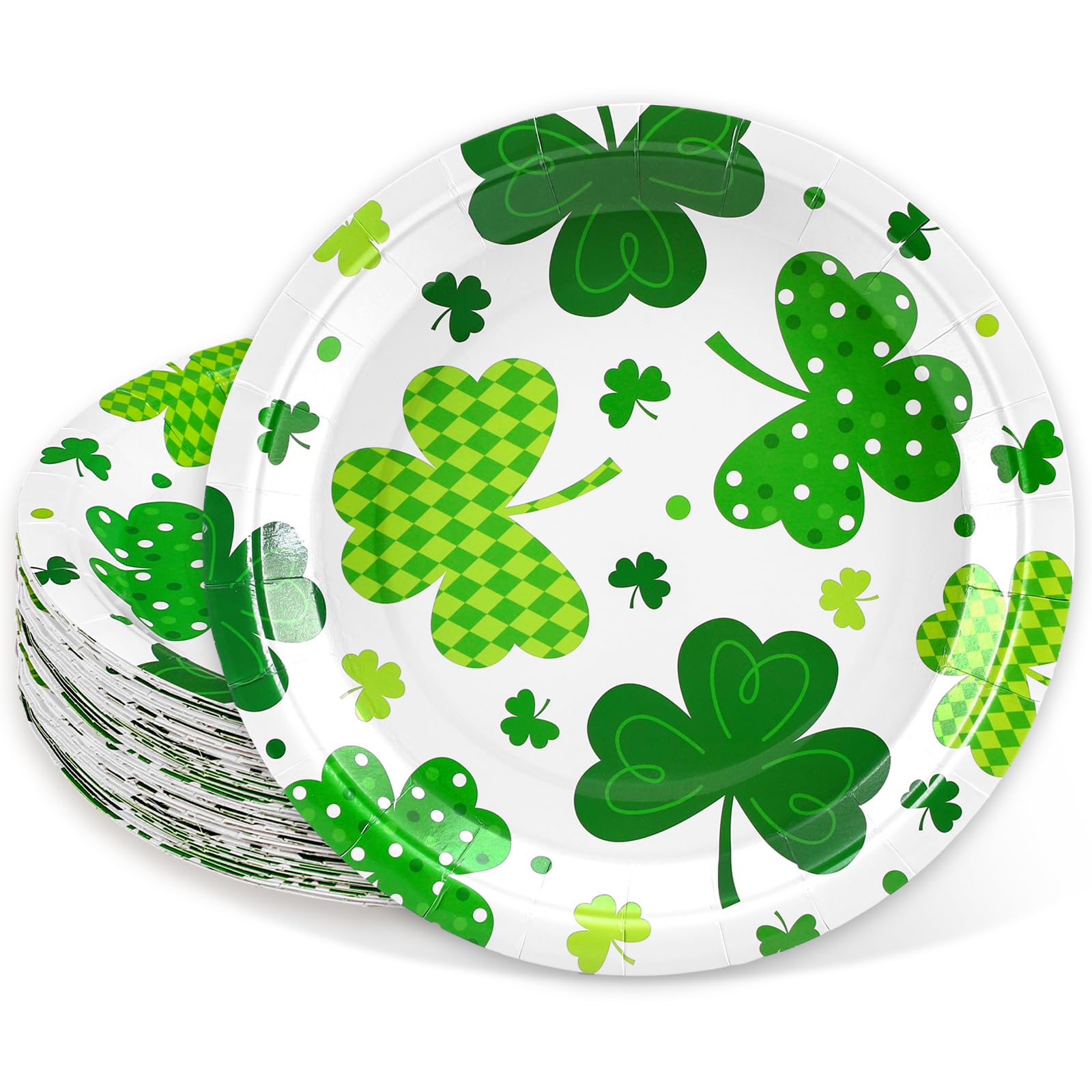 Whaline 40 Pcs St. Patricks Day Shamrock Paper Plates Disposable Plates 9 Inch Green Patterned Clover Party Tableware for Irish