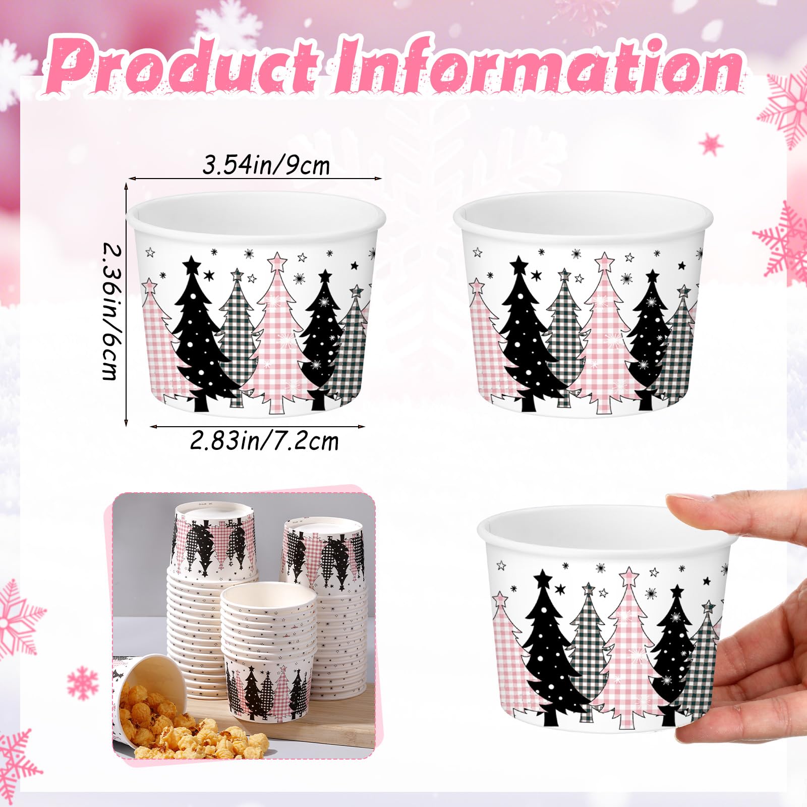 Funnymoom 50 Pack Christmas Tree Treat Snack Cups Pink Gingham Buffalo Plaid Paper Ice Cream Cups 9 oz Xmas Tree Disposable Dess