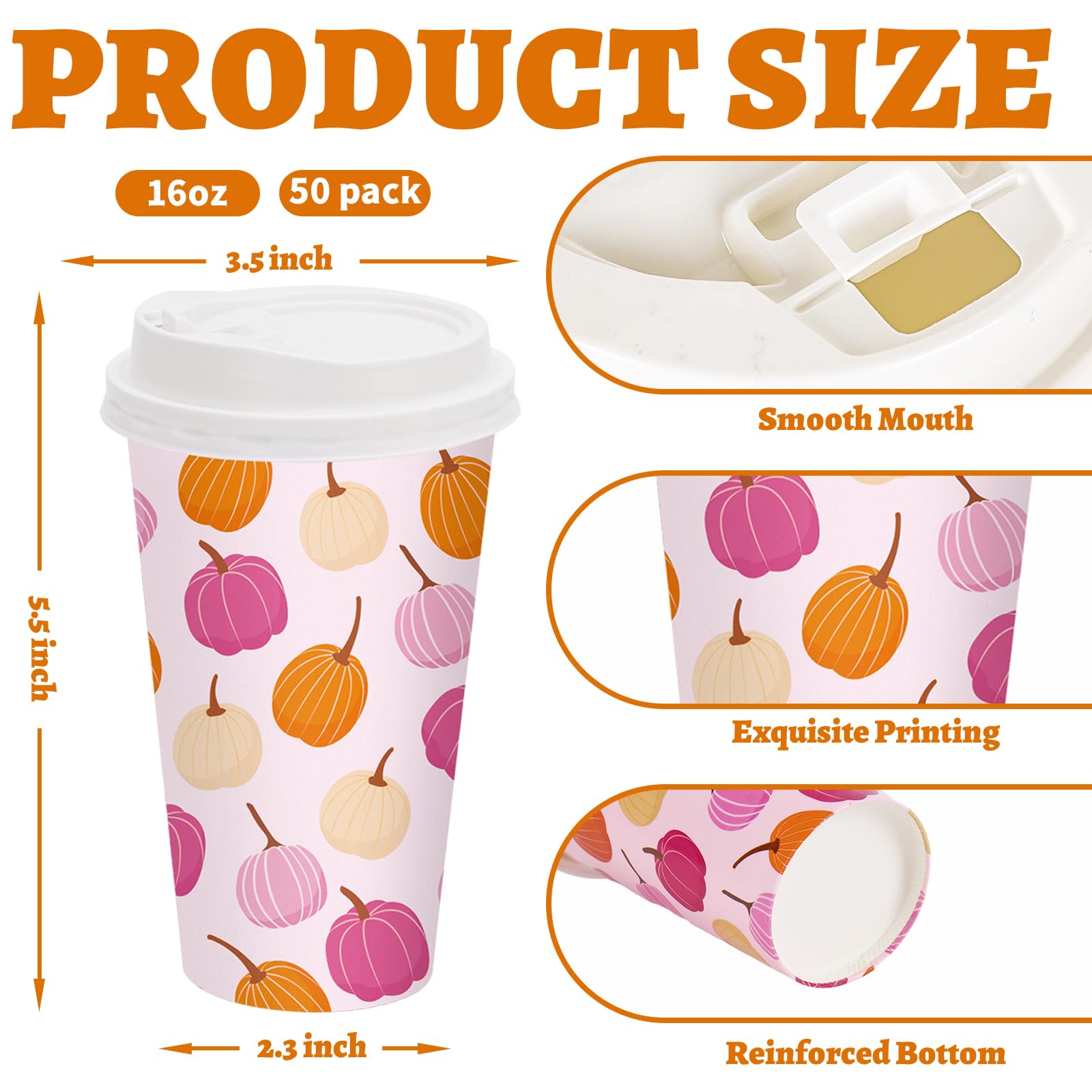 Whaline 50 Pcs Fall Disposable Coffee Cup with Lid 16 Oz Pink Thanksgiving Pumpkin Paper Cup Drinking Cups for Autumn Cafe Shop