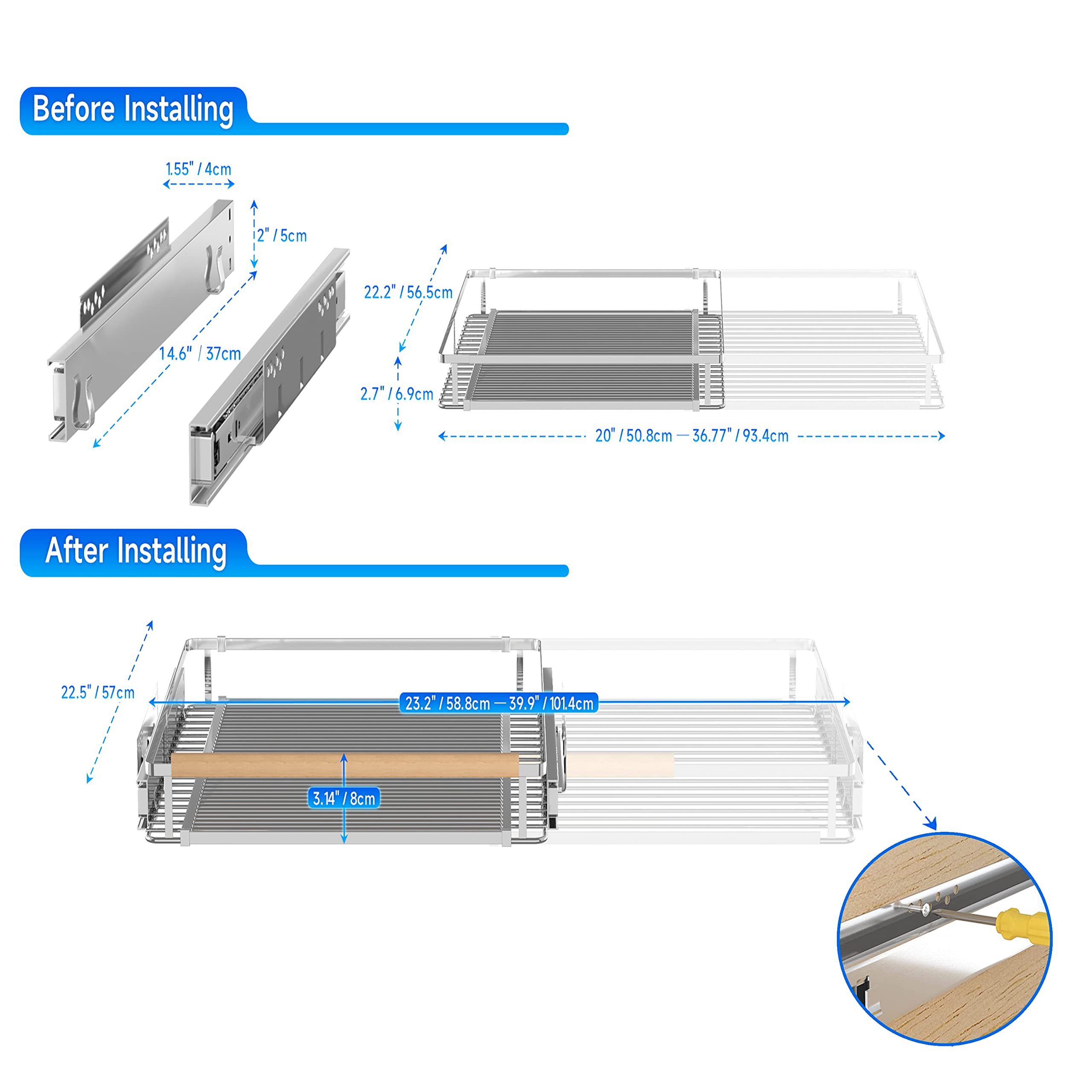 2Pack Expandable Pull Out Cabinet Organizer, 23~39.8''W X 22.5''D Heavy Duty Slide Out Shelves Adjustable Hight Cabinet Pull Out