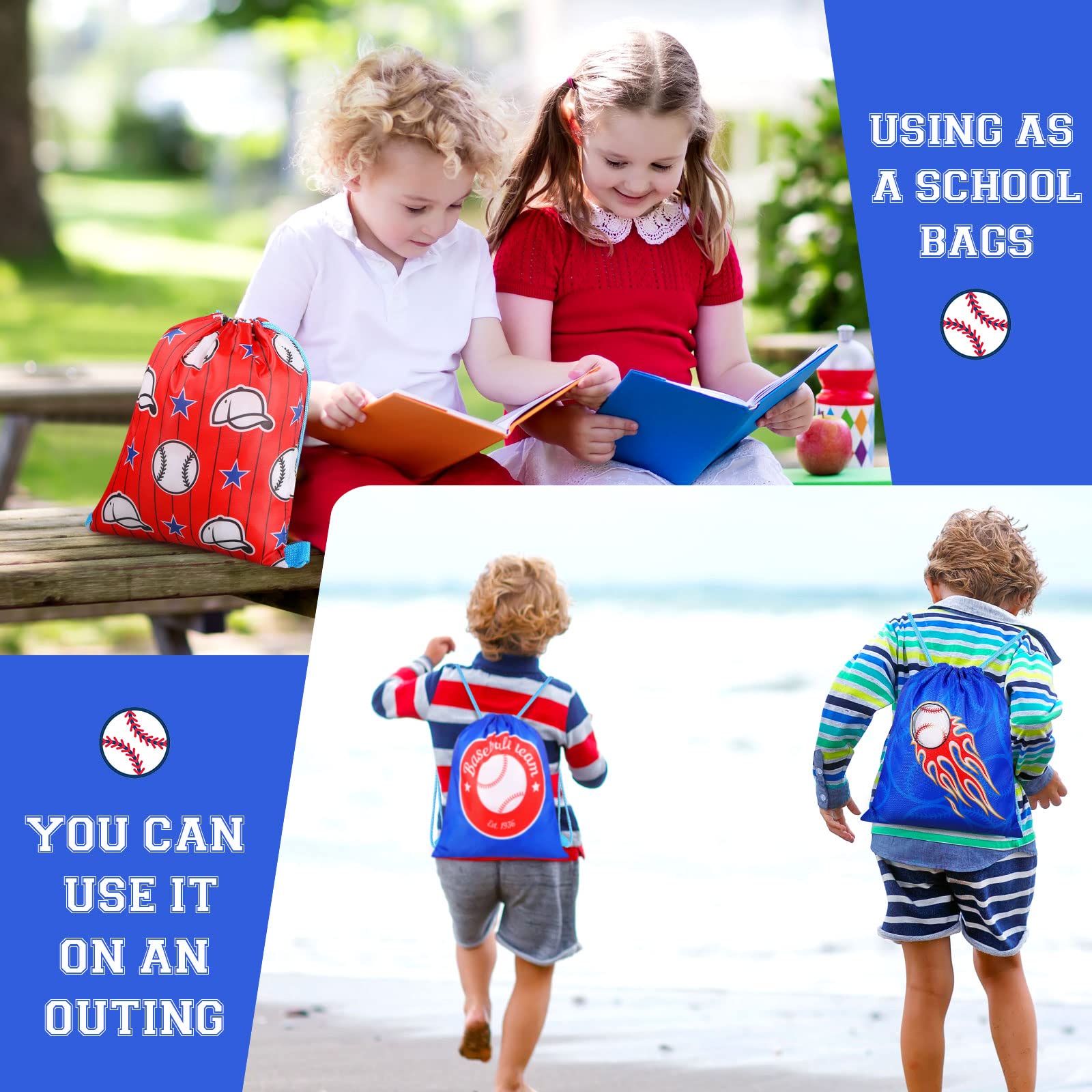 12 Pieces Baseball Party Favor Sports Drawstring Present Bags Travel Baseball Goodie Bags 12 Styles Backpack Baseball Candy Bags