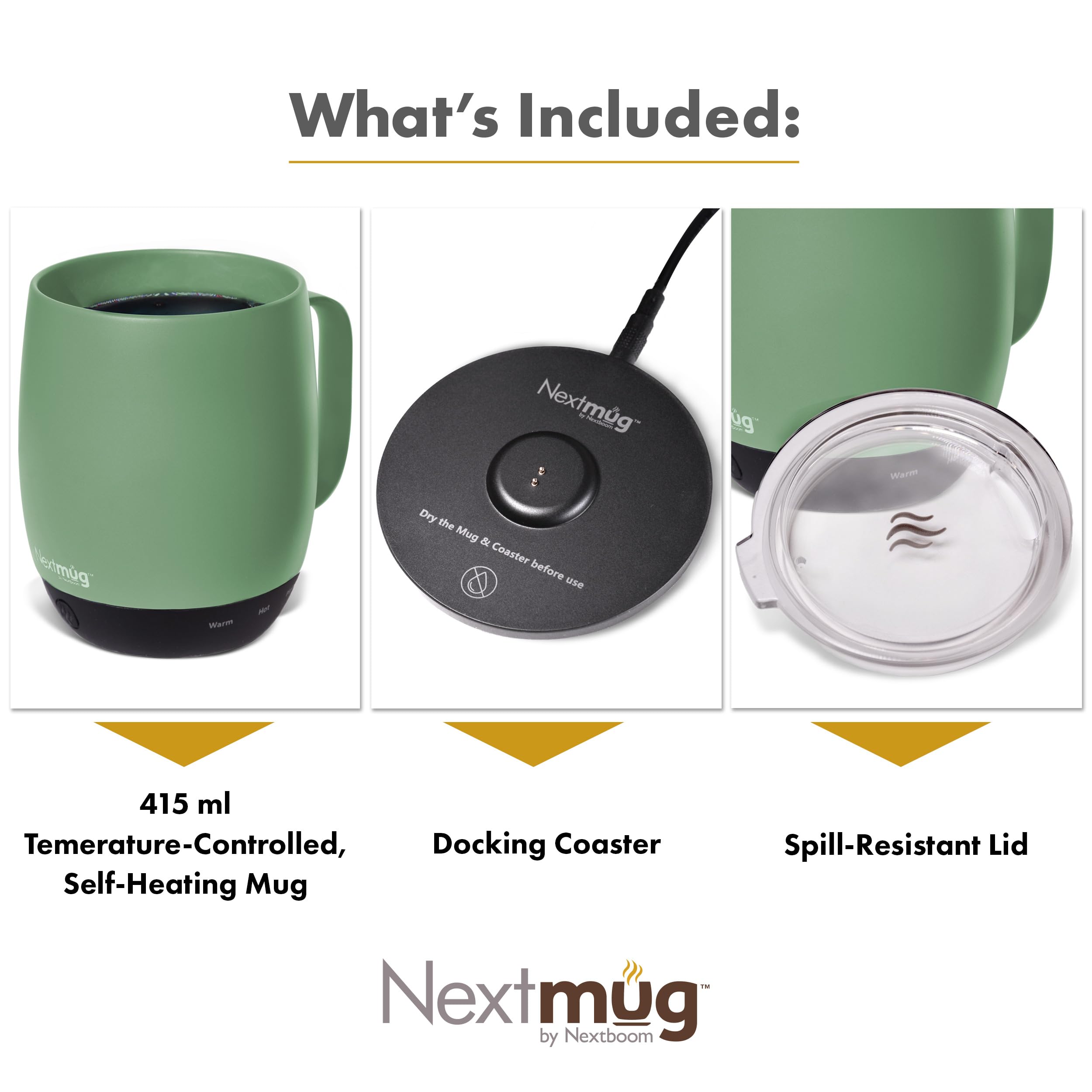 Nextmug - Temperature-Controlled  Self-Heating Coffee Mug (Sage - 14 oz.)