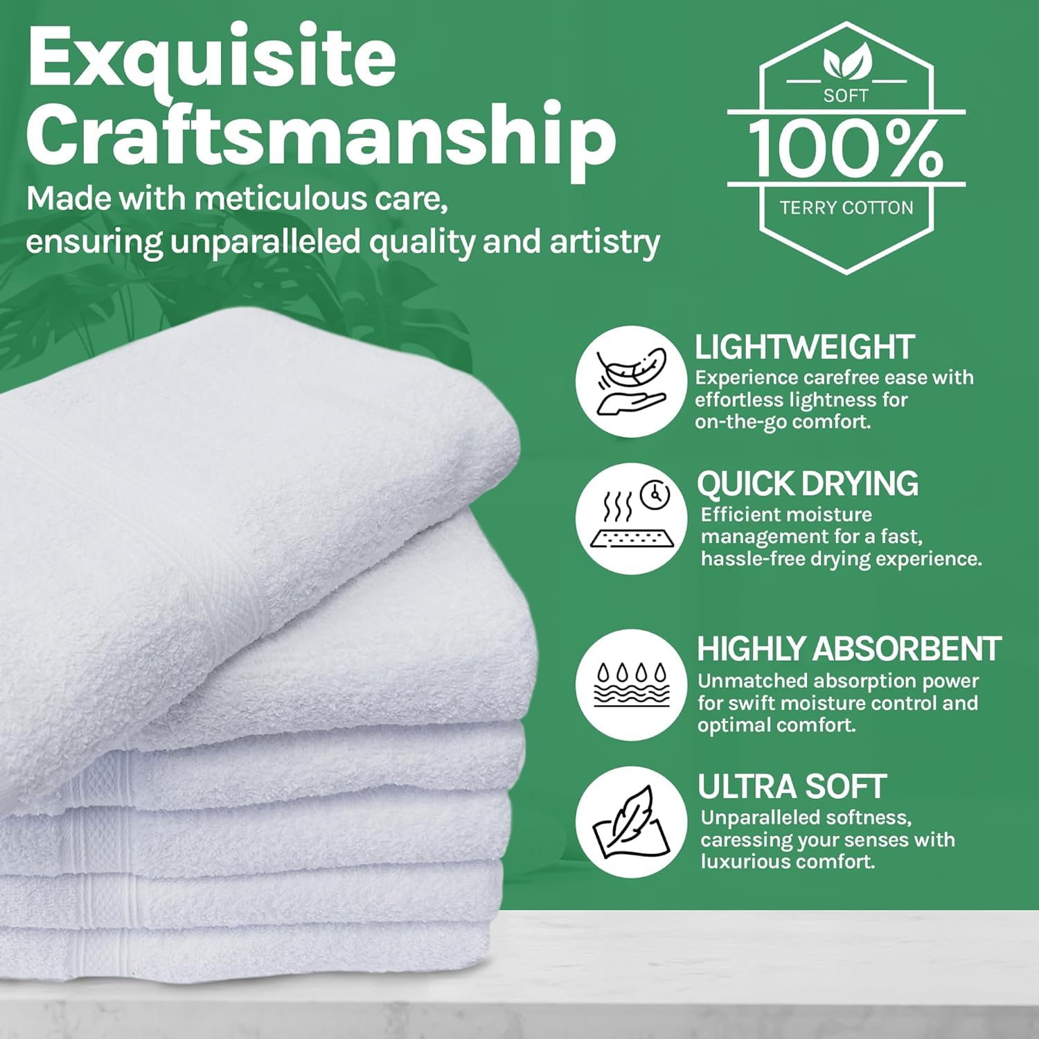 Towels N More 15X25 Hand Towels - White Soft 100% Cotton Ring Spun Loops - Highly Absorbent And Quick Drying Medium Towels Linen