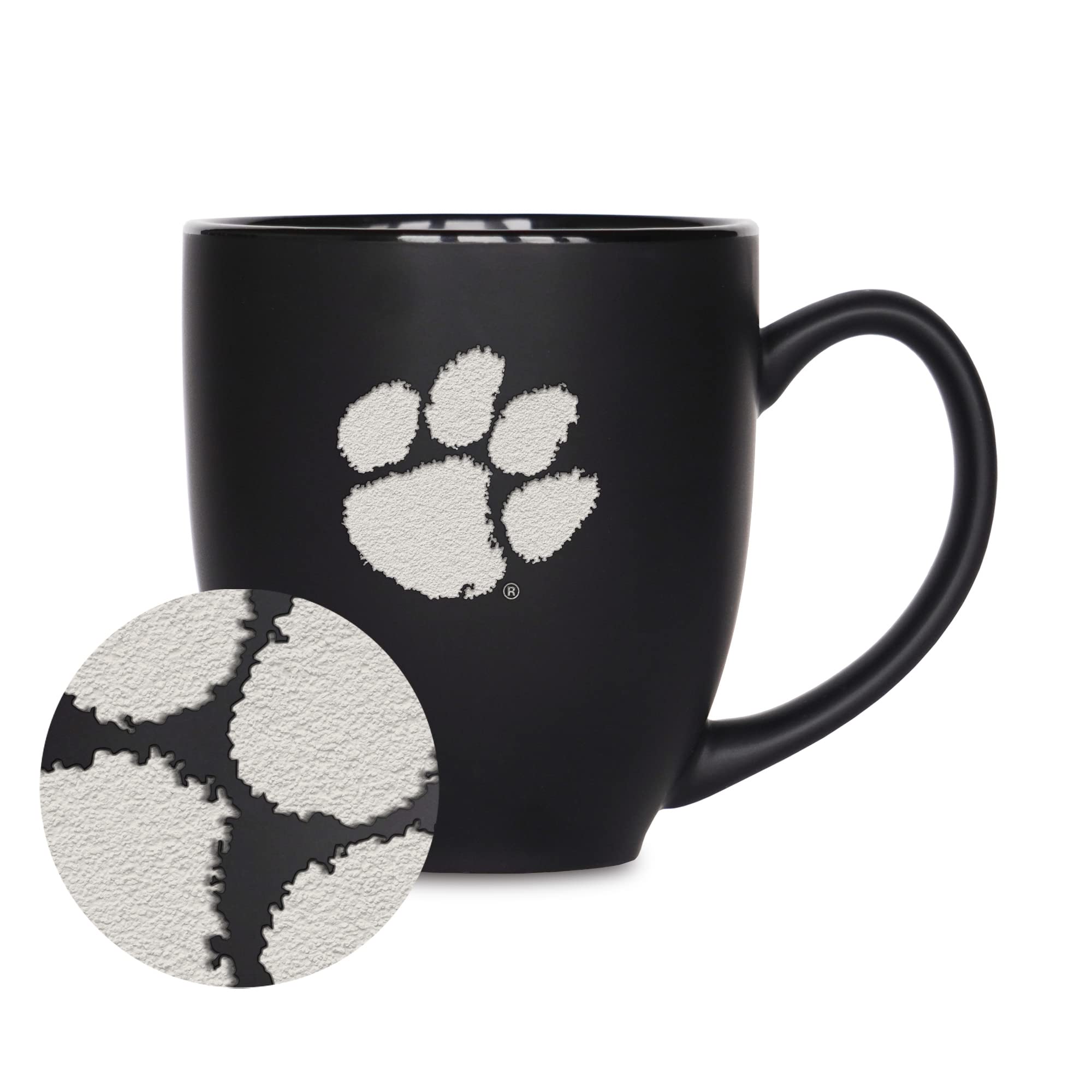 Rico Industries NCAA Clemson Tigers Main 15oz Laser Engraved Matte Black Ceramic Bistro Mug - For Hot or Cold Drinks