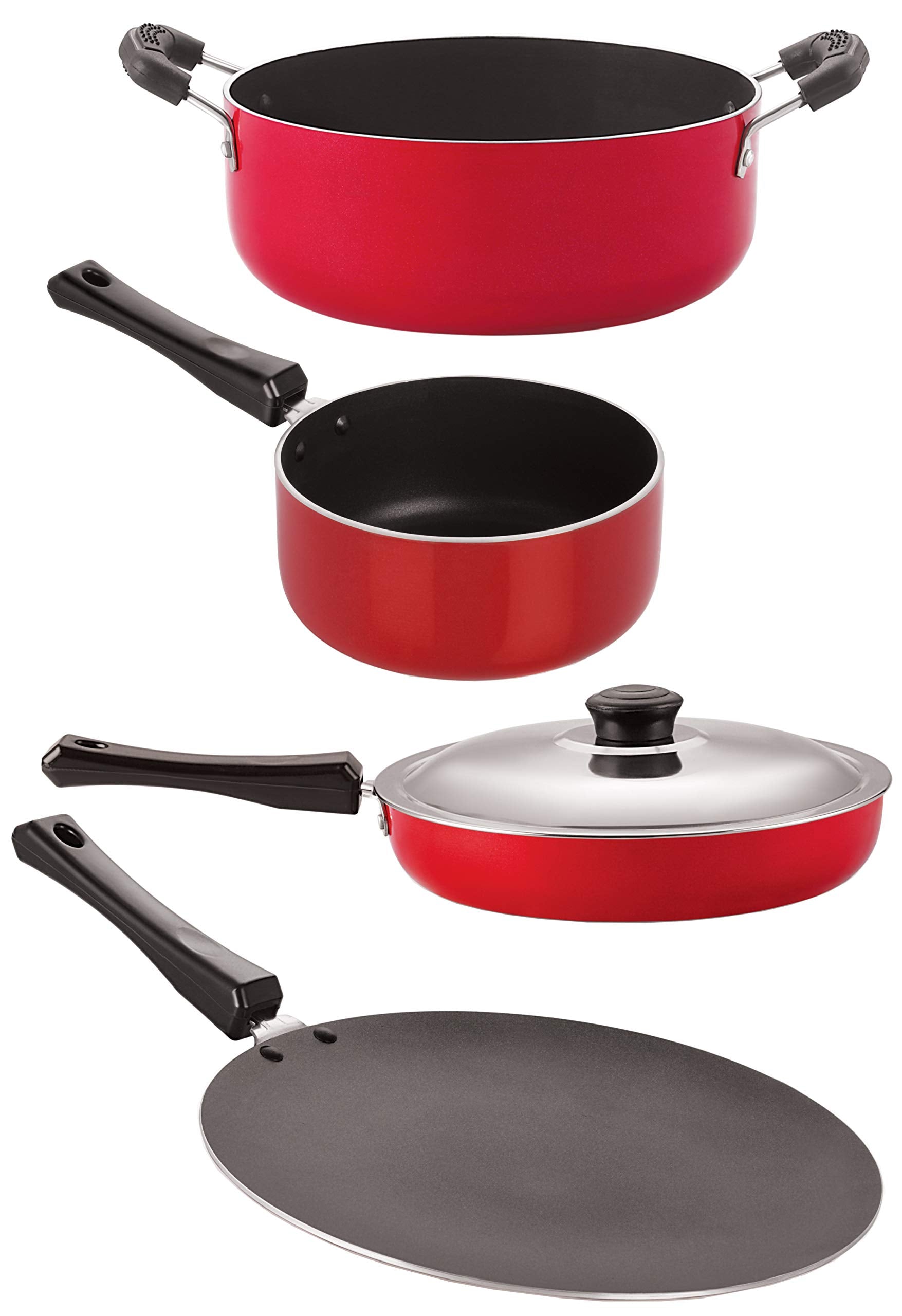 Nirlon NonStick Kitchen Cookware Set, Pots And Pans,4 Pieces (Red & Black) (Ct12_Fp12_Sp(M)_Cs24)