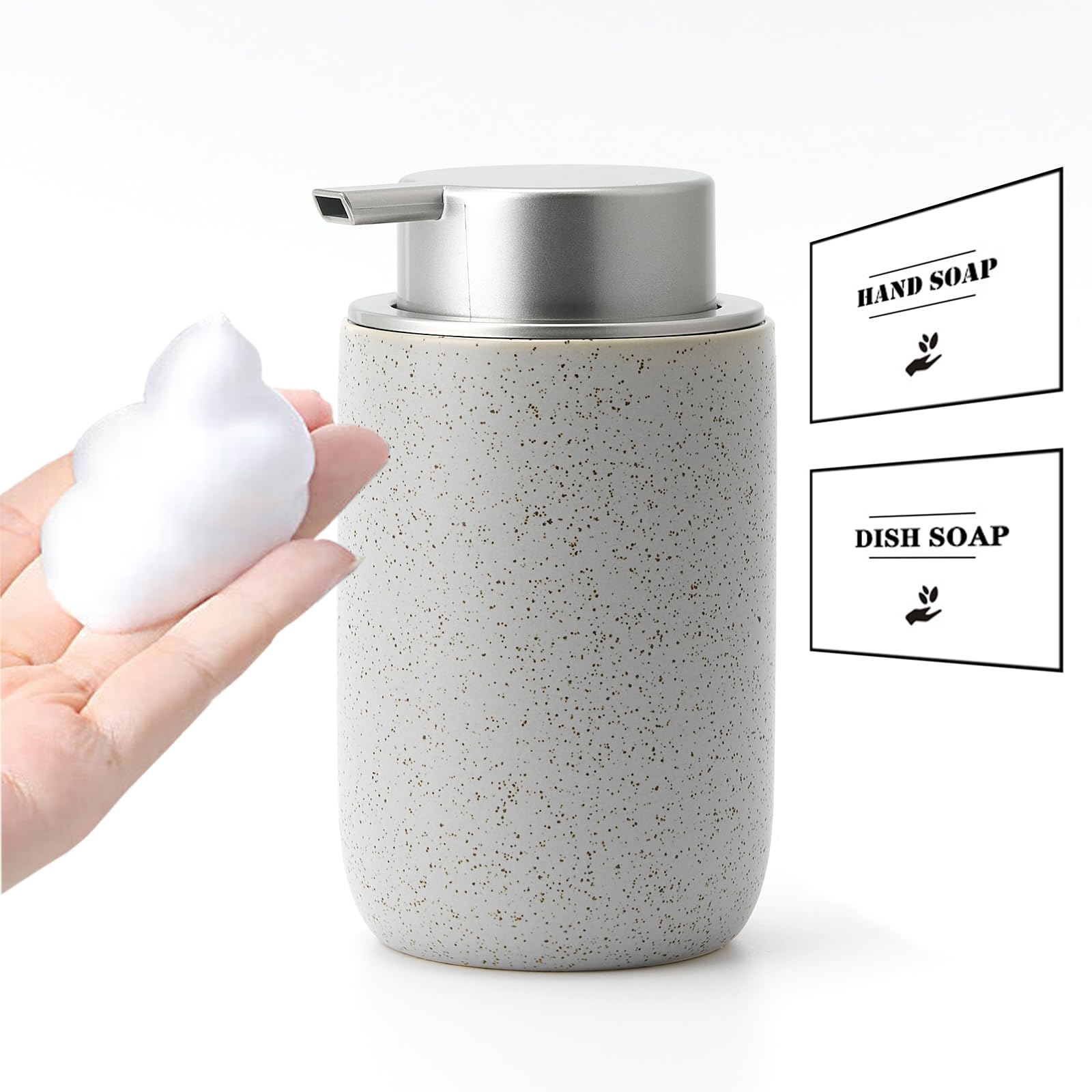 Girlufo Gray Foaming Soap Dispenser,Kitchen Soap Dispenser With Plastic Silver Soap Pump,Ceramic Foam Soap Dispenser For Bathroo