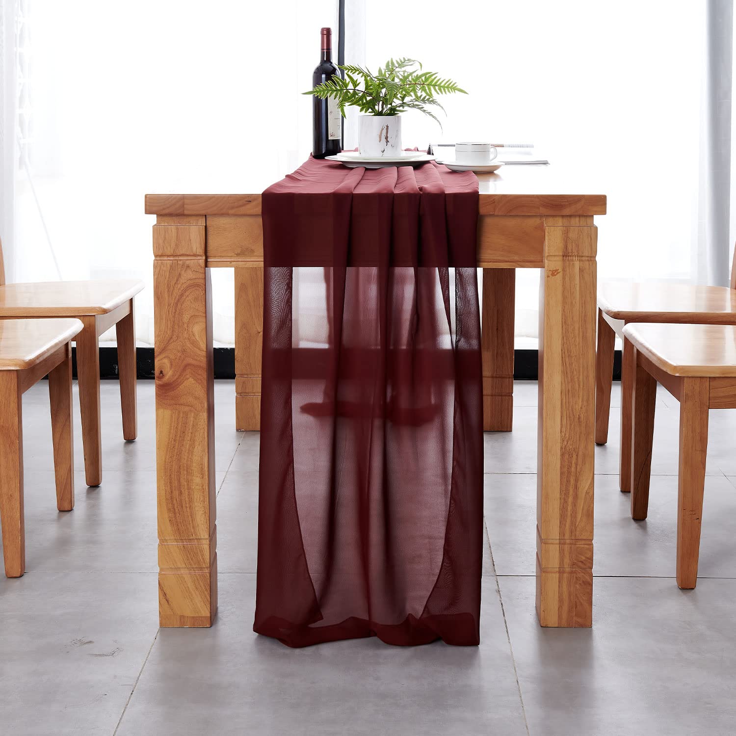 Delovo 4Packs Burgundy Chiffon Table Runner 27X120 Inches Long Sheer Fabric Table Runner For Wedding Party Banquets Bridal Home