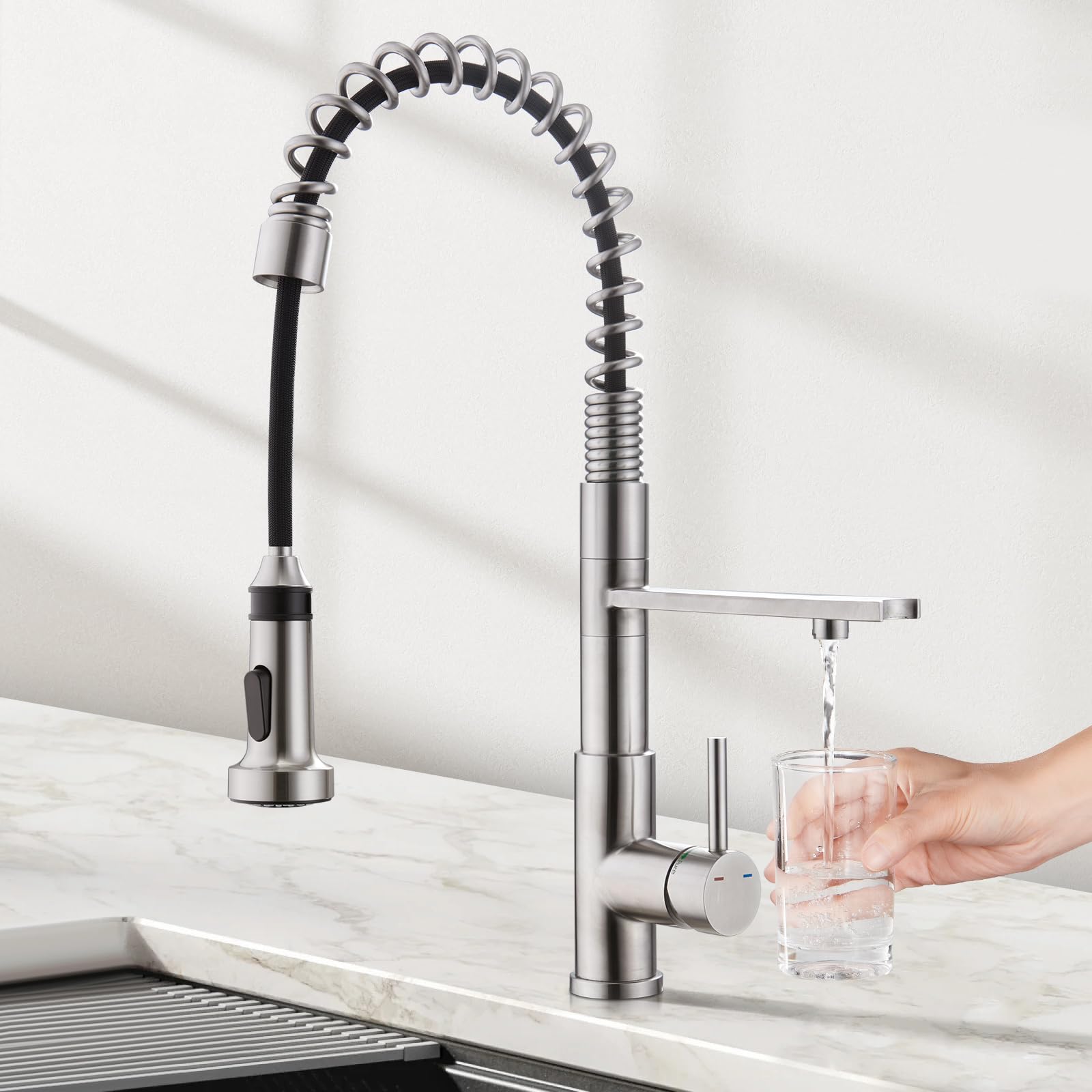 CREA 3-Way Kitchen Faucet, Brushed Chrome, Pull-Out, 20-Inch Flexible Hose, Single Lever Control, 5-Layer Stainless Steel Body, 