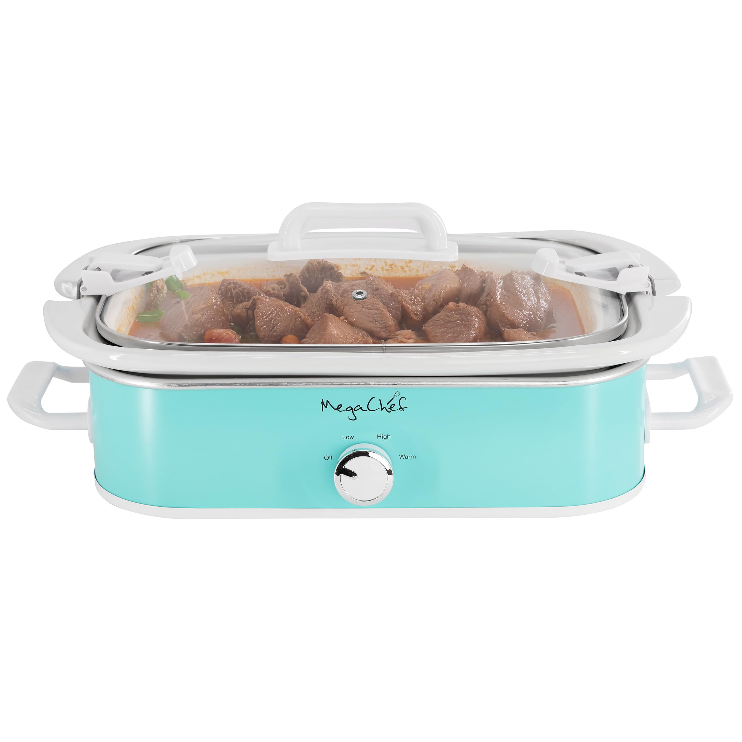 MegaChef 3.5 Quart Rectangle Casserole Slow Cooker with 3 Temperature Settings, Carry Handles and Locking Tempered Glass Lid (Tu