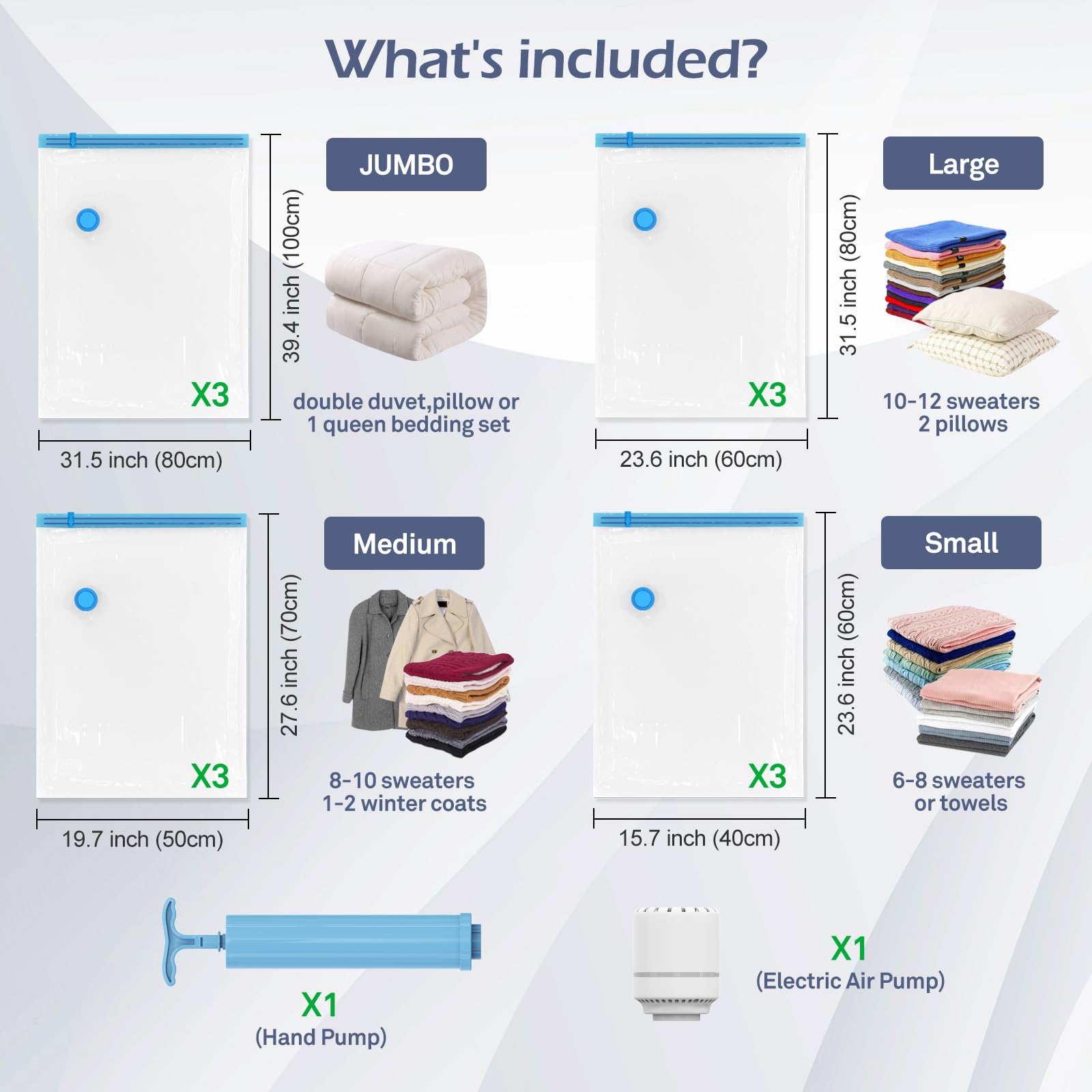 Akll7S Vacuum Storage Bags With Electric Air Pump, 12 Pack Space Saver Bags(3 Jumbo, 3 Large, 3 Medium, 3 Small) Vacuum Seal Bag