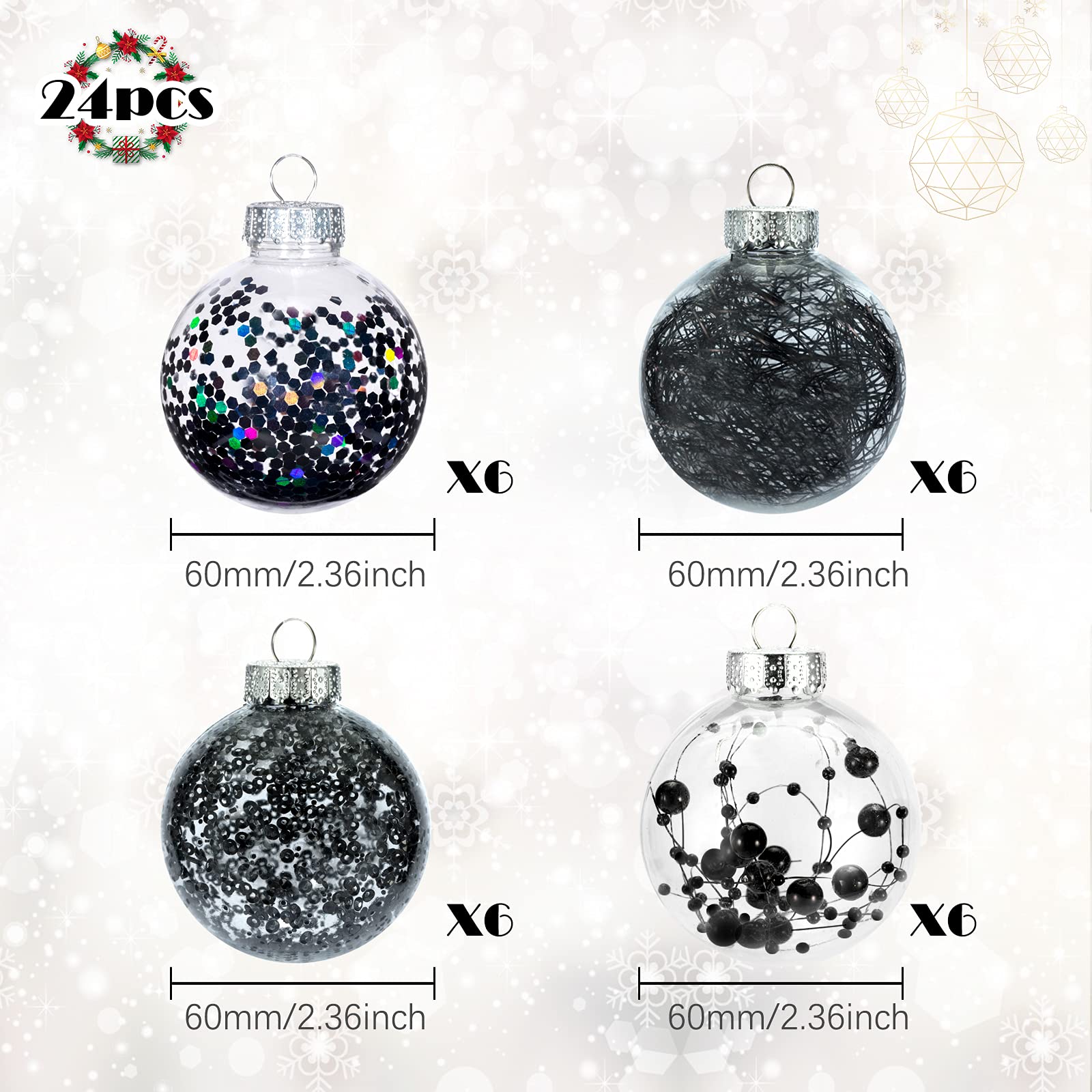 Luxtea 24ct Shatterproof Clear Christmas Ball Ornaments Decorative Xmas Baubles Delicate Balls Decorations (2.36''/60mm,Black)