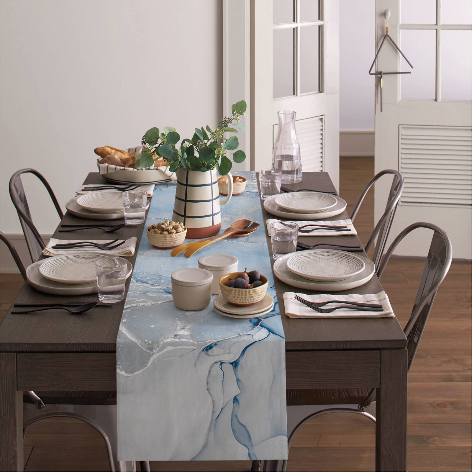 Zoe Garden Marble Table Runner 72 Inches Long - Ombre Blue Marble Grey Farmhouse Modern Kitchen Dining Burlap & Cotton Tablerunn