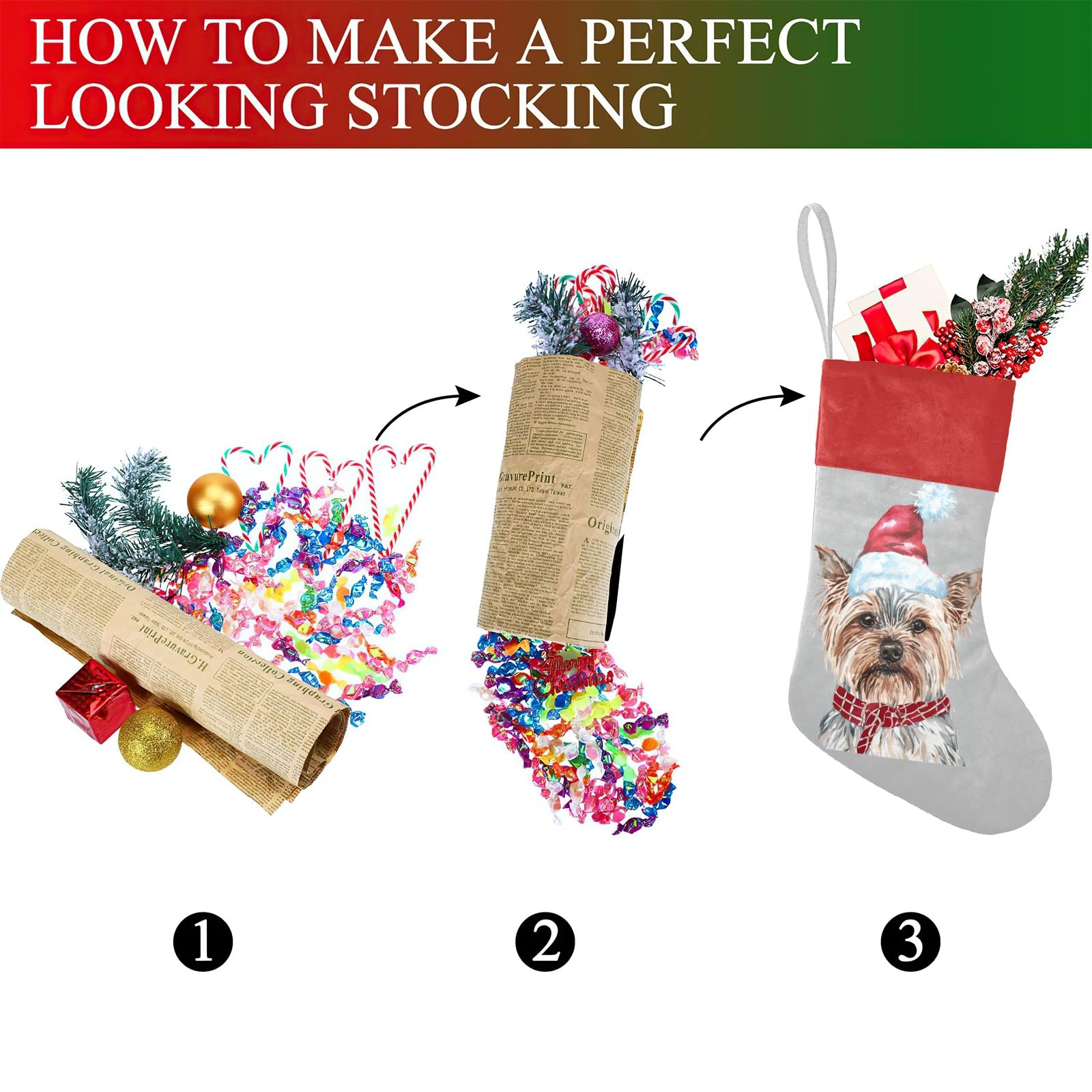 SunFancyCustom Personalized Santa Hat Yorkie Christmas Stockings with Name Custom Xmas Gift Fleece Holiday Decoration Gift 17.52