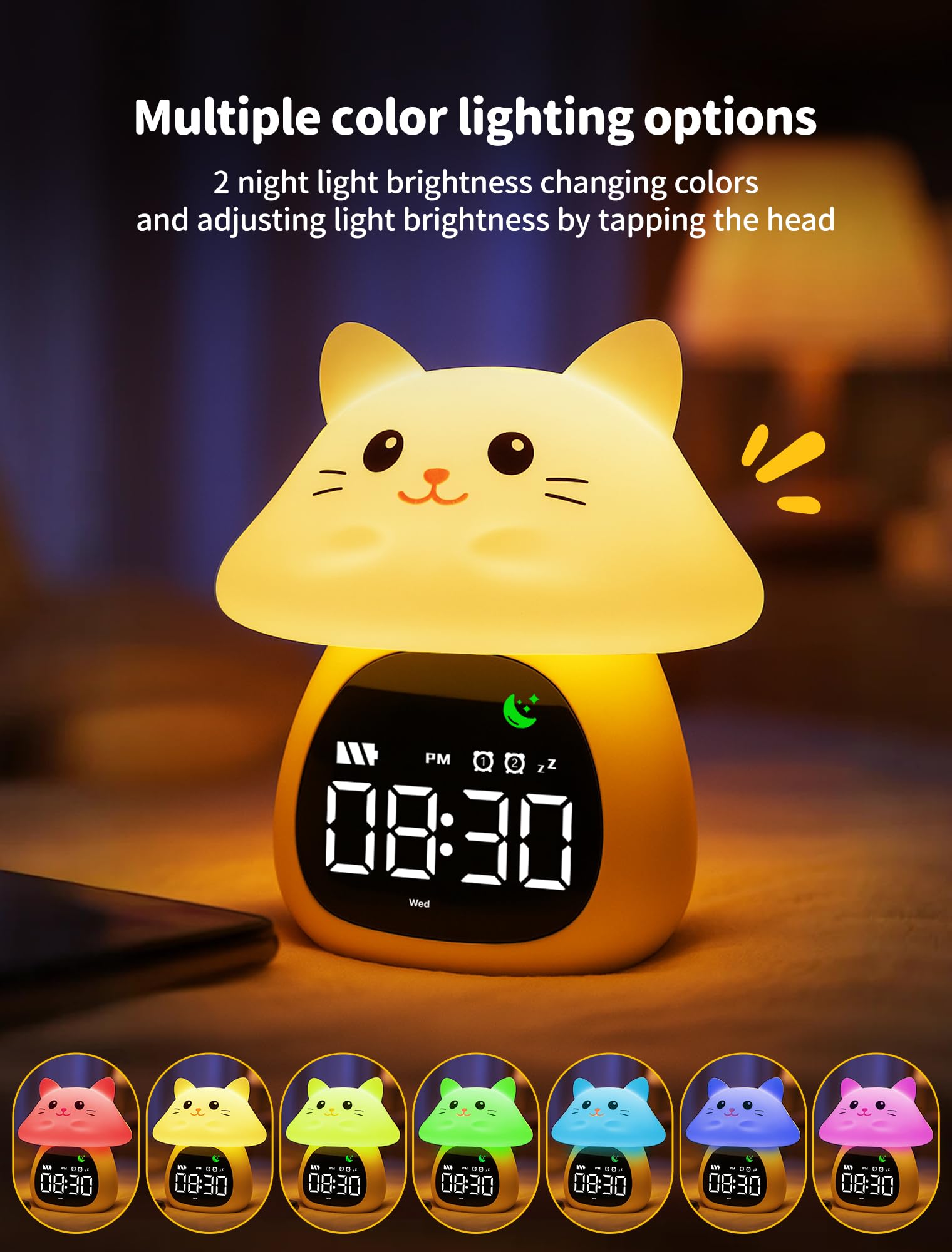 MASHI Mushroom Cat Alarm Clock, Toddler Sleep Training Clock with Sun & Moon, Sleep Sound Machine, Night Lights, Alarm Clock for