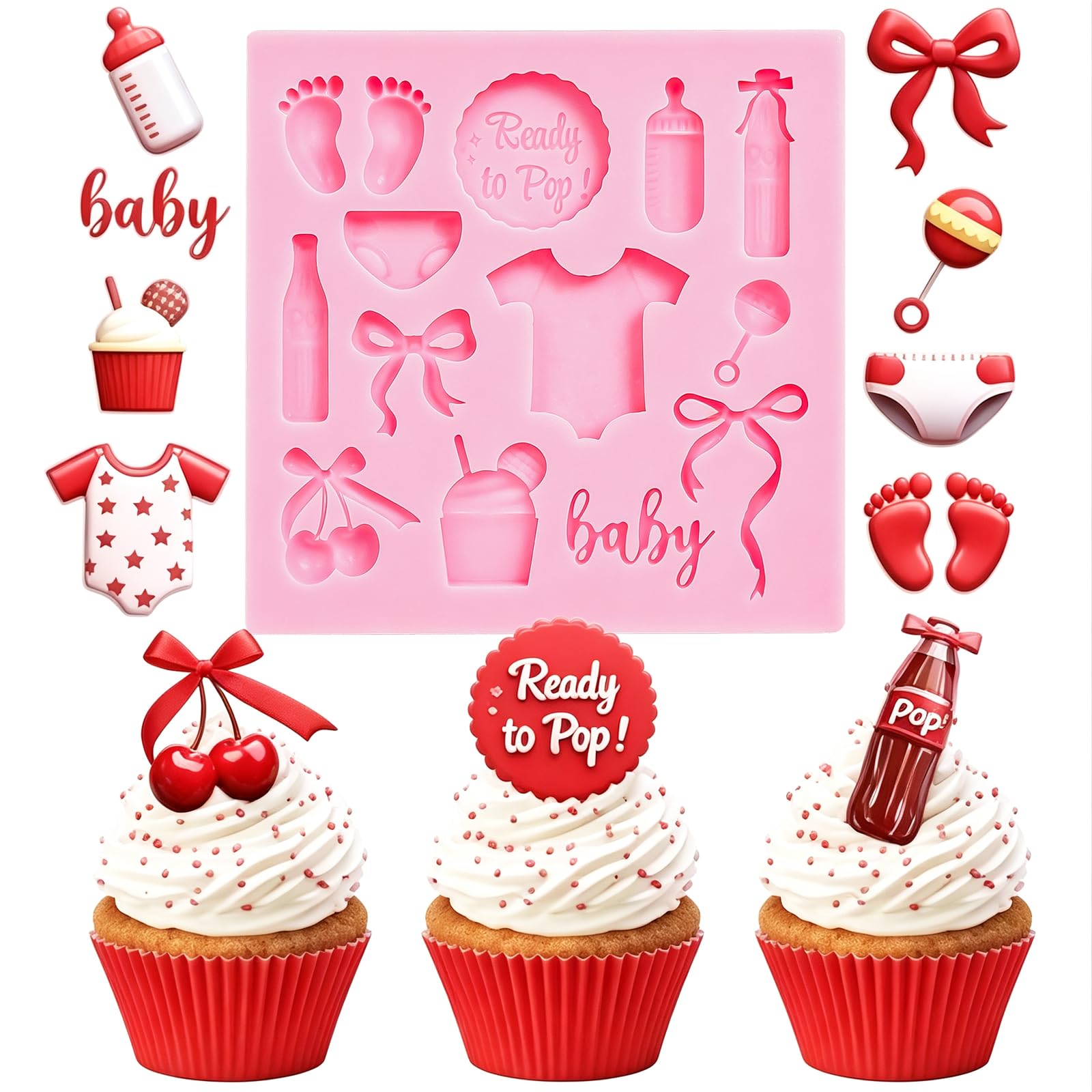 FYSUIMU Baby Shower Fondant Molds Shes Ready to Pop Soda Bow Silicone Chocolate Candy Mould for Handmade DIY Baking Cookie Cake