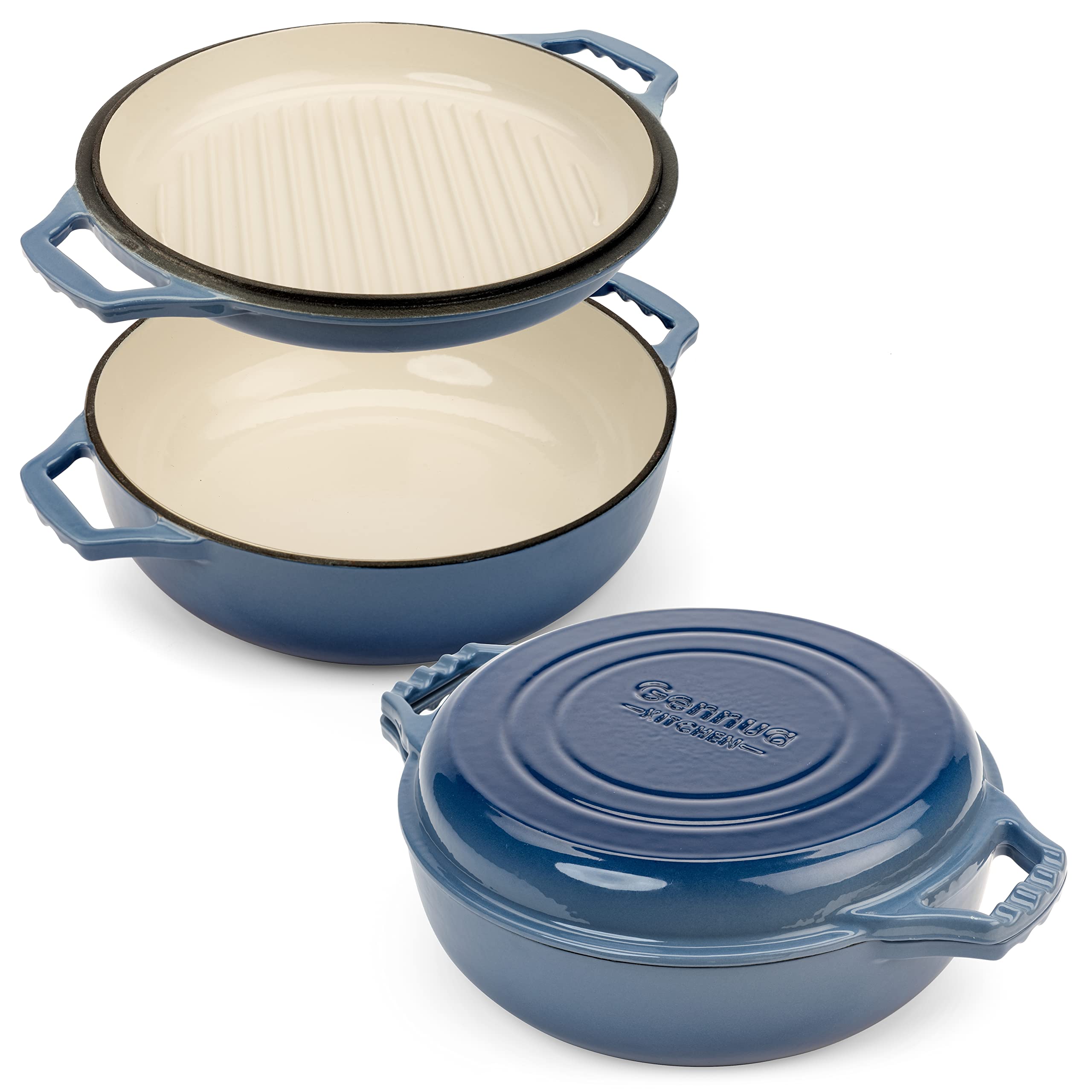 2-In-1 Enameled Cast Iron Braiser Pan With Grill Lid - 3.3-Quart Small Dutch Oven, Serves As Both Casserole & Stovetop Grill Pan
