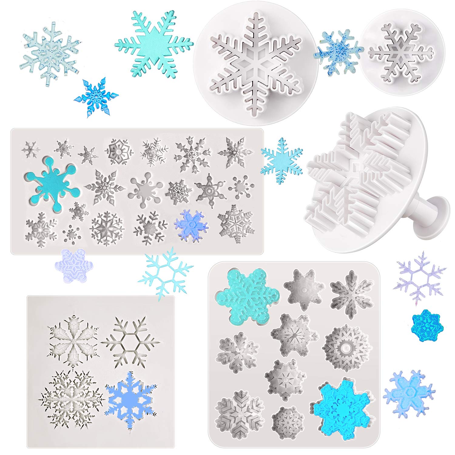 6 Pieces Snowflakes Mold Silicone Fondant Mold Dessert Cookie Cutters Cake Molds With Snowflake Plunger Fondant Chocolate Baking