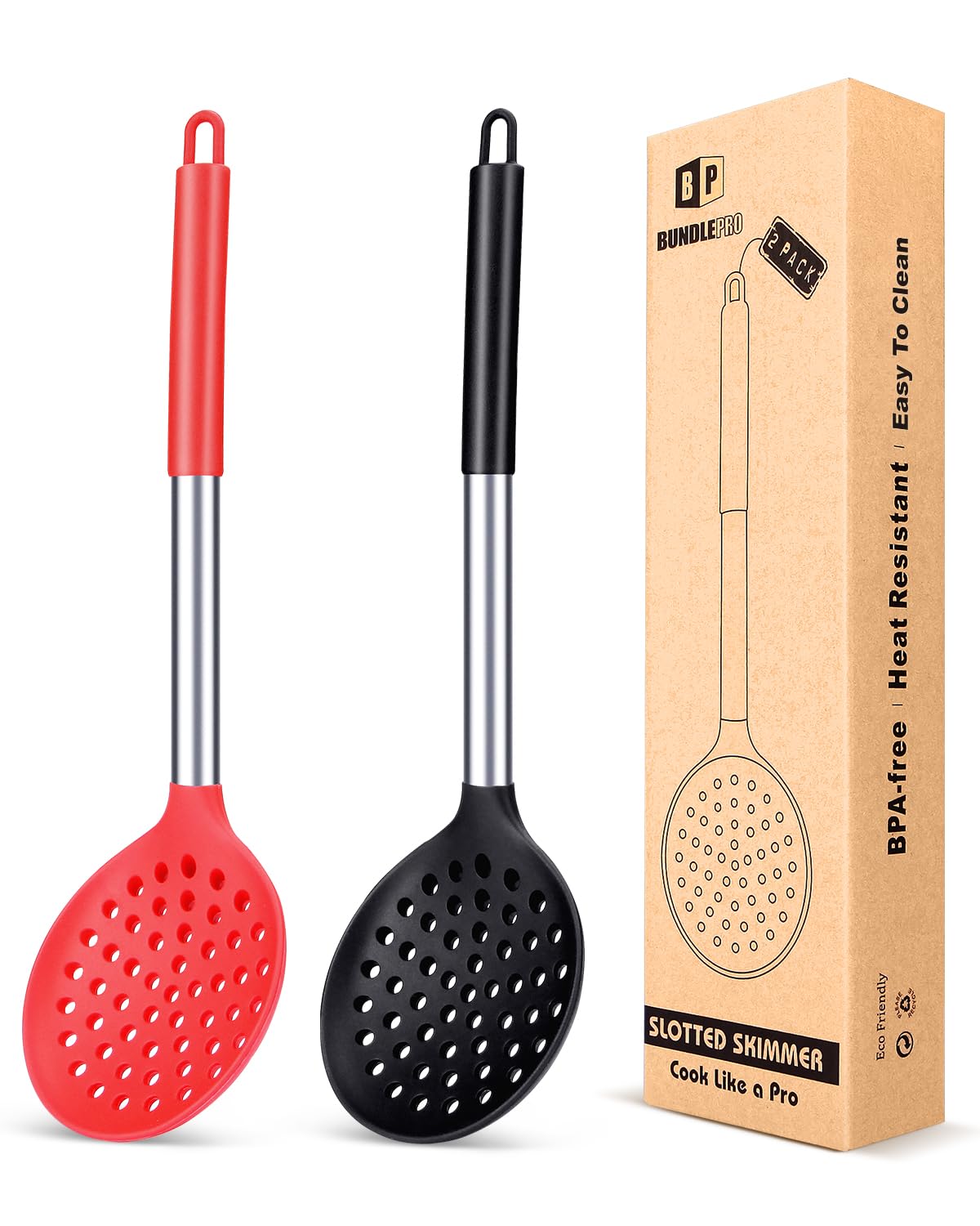 Kitchen Ladle Strainer Set of 2 Large Slotted Spoon with High Heat Resistant BPA Free Non Stick Cooking Skimmers For Draining an