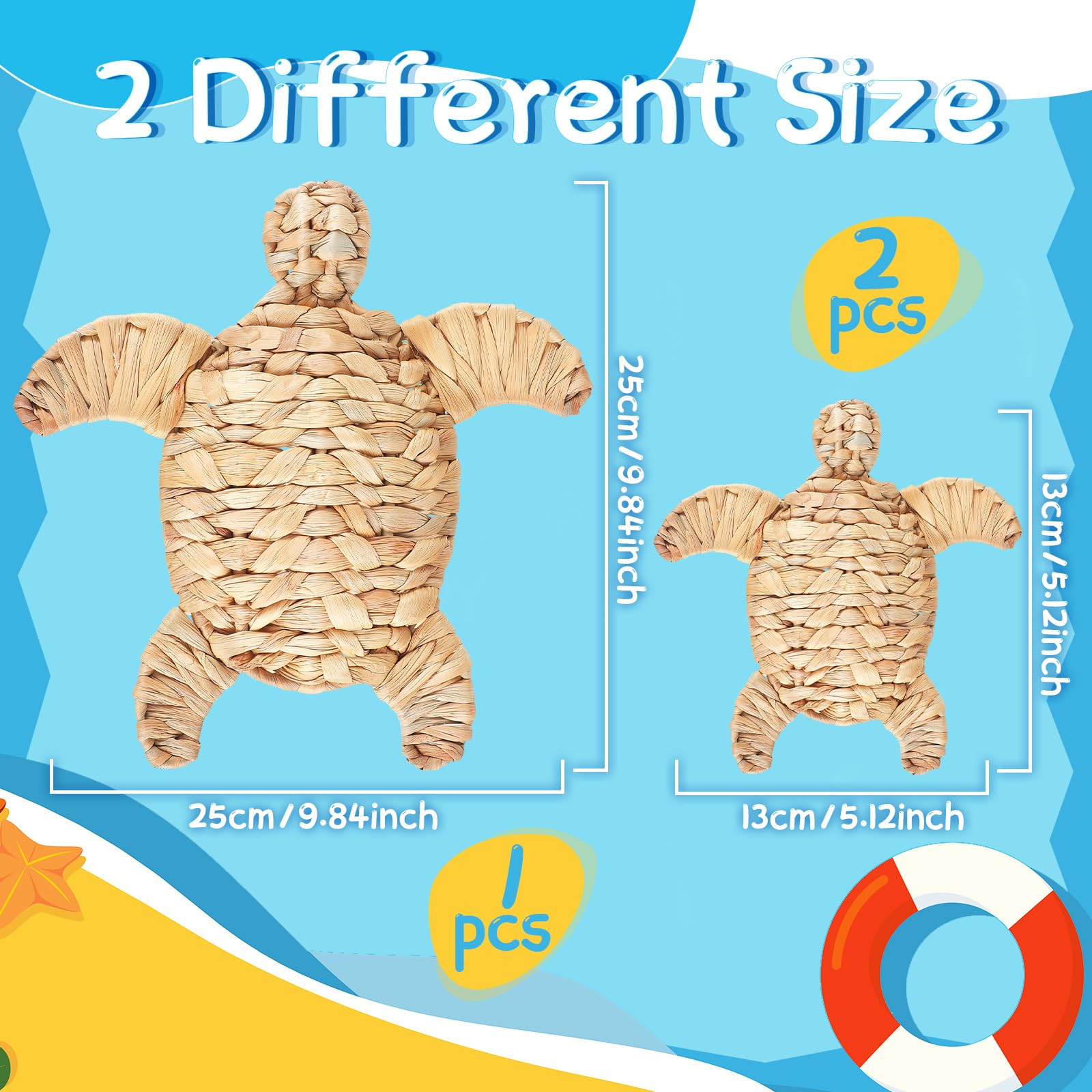 Threehoney 3 Pcs Boho Beach Christmas Decor Handmade Coastal Wicker Sea Turtle Wall Decor Sea Life Hanging Wall Art Nautical Scu