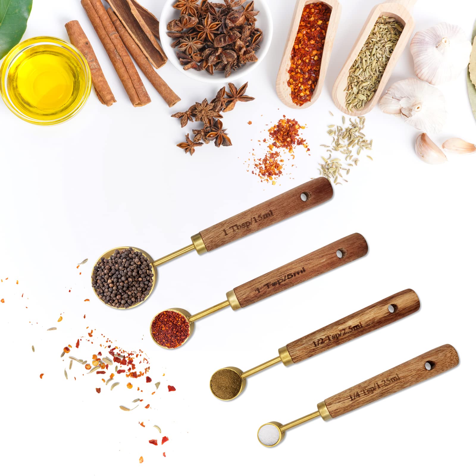 Zalaxt Gold Measuring Cups And Spoons Set With Fragrant Wood Handle, Measuring Cups, Metal Measuring Spoons And Measuring Cup Se