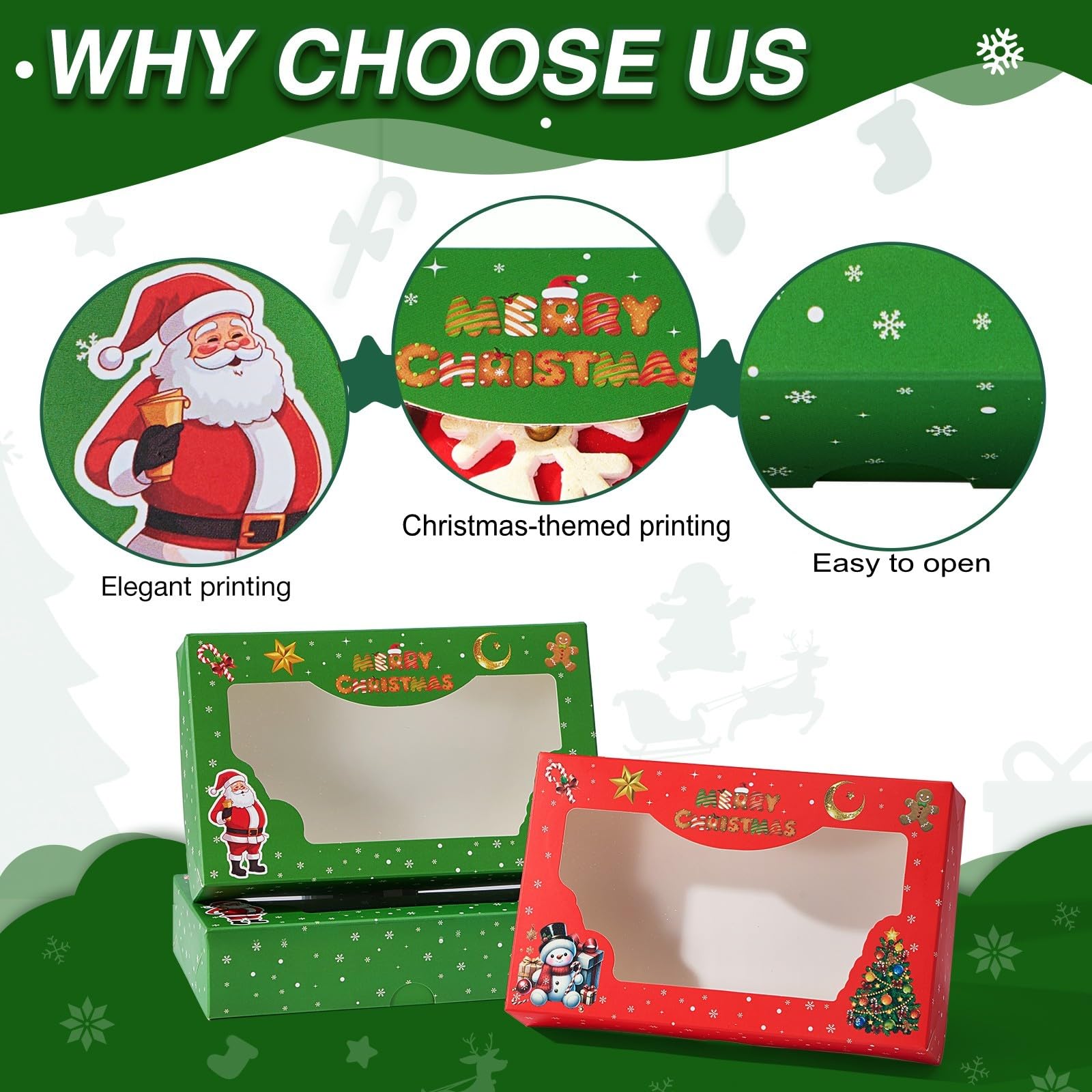 12 Pack 7x4.3x1.5Inch Green/Red/White Christmas Cookie Gift Boxes Clear Window Ideal for Packaging Cookie Macaron Cake Pop Choco