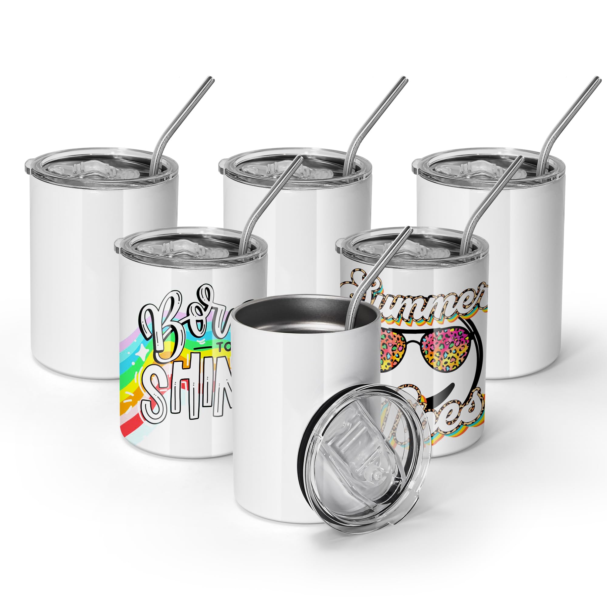 AGH 12 oz Sublimation Tumblers, 6 Pack Straight Tumbler with Lid and Straw, White Flat Cups