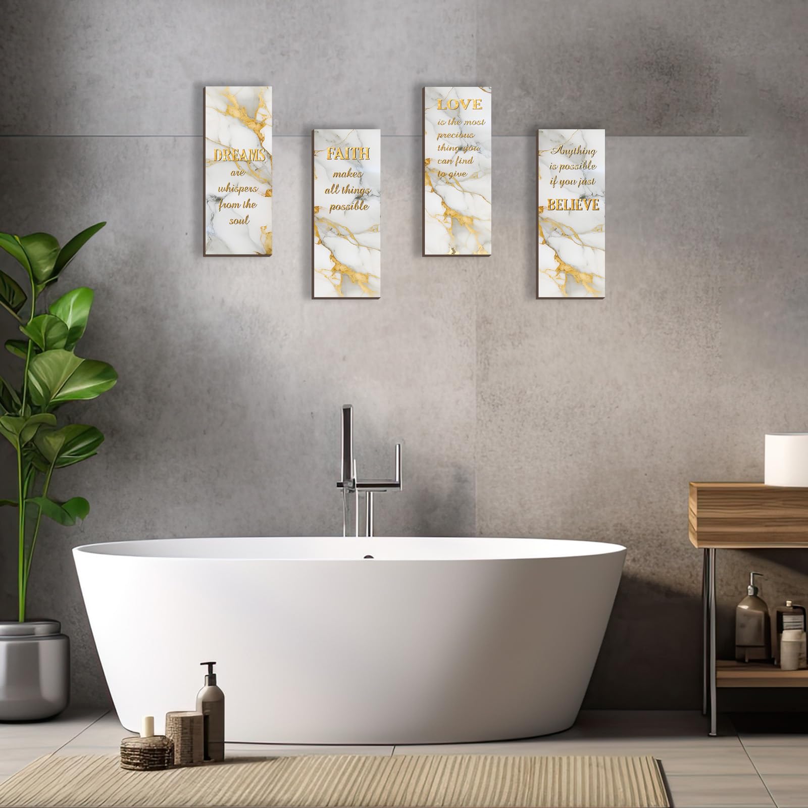 ONIZHITY 4 Pcs White and Gold Bathroom Decor Gold Wall Decor with Dreams Faith Love Believe Wooden Rustic Marble Style Versatile