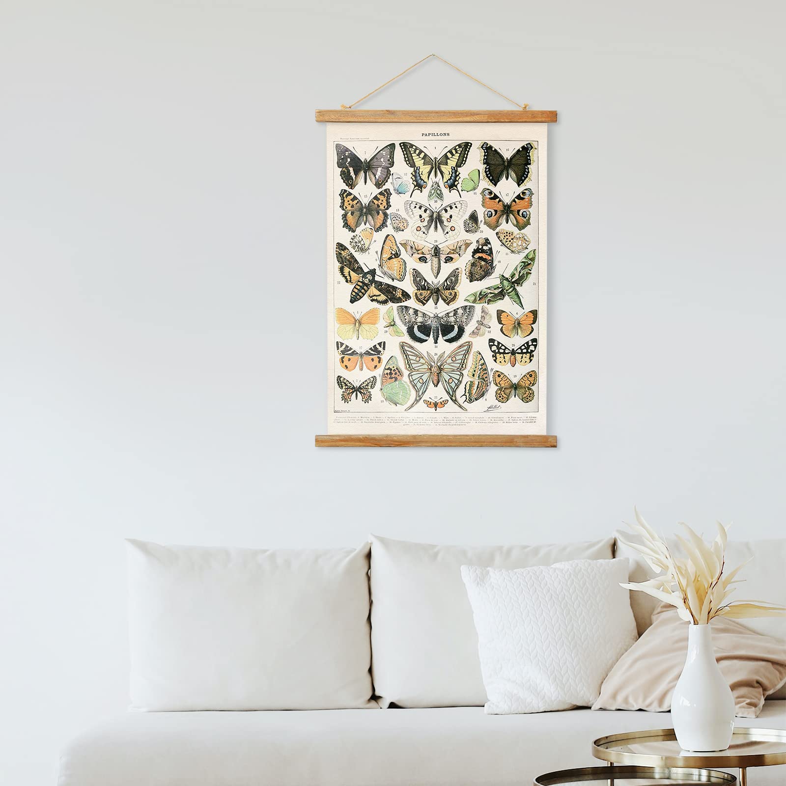 Ovfovy Vintage Butterflies Poster Hanger Frame, Retro Style Of Wall Art Prints, Printed On Linen With Natural Wooden Frames, Ill