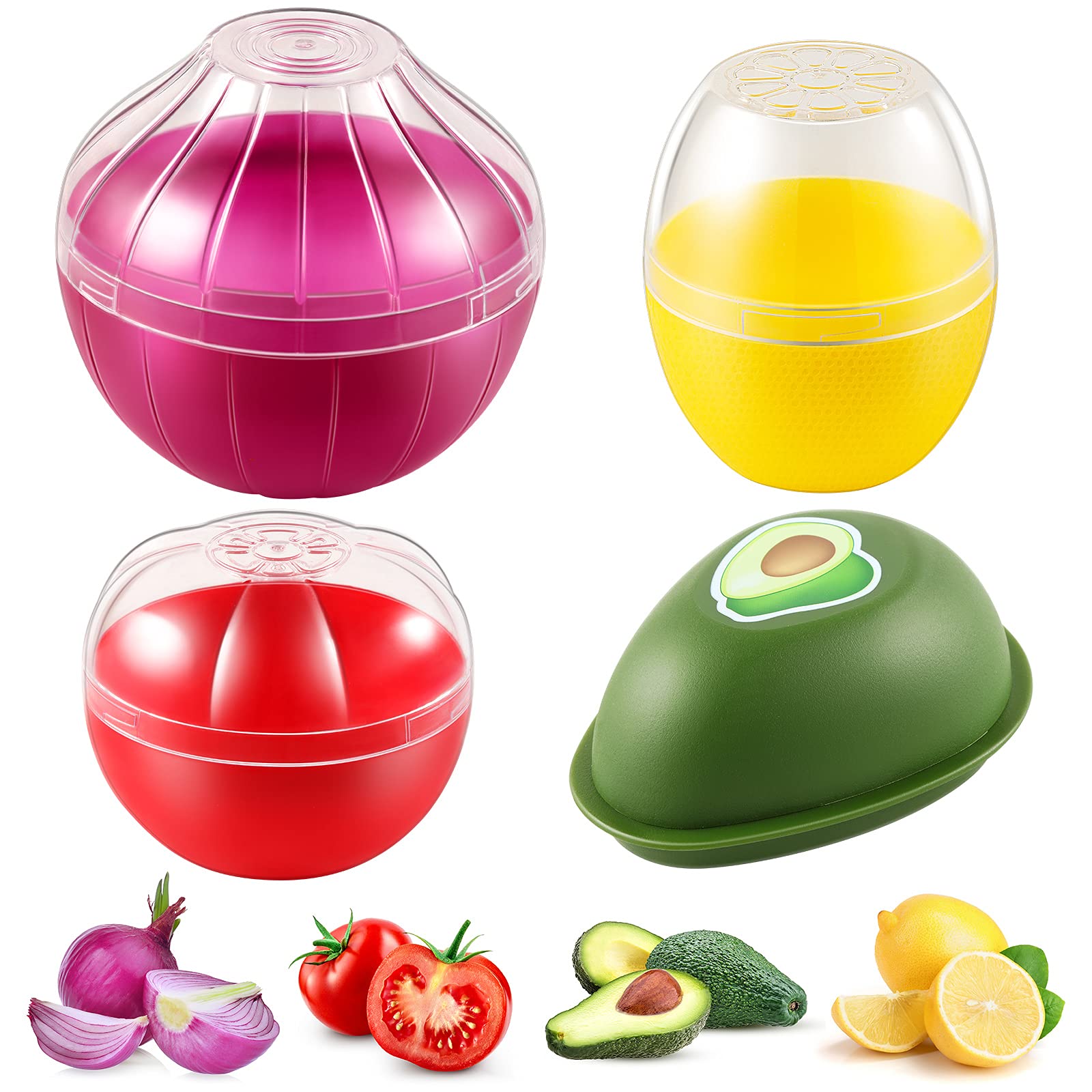 Vegetable And Fruit Storage Containers For Fridge, 4 Pcs Bpa Free Reusable Food Saver - Tomato, Avocado, Onion, Lemon Keeper Hol