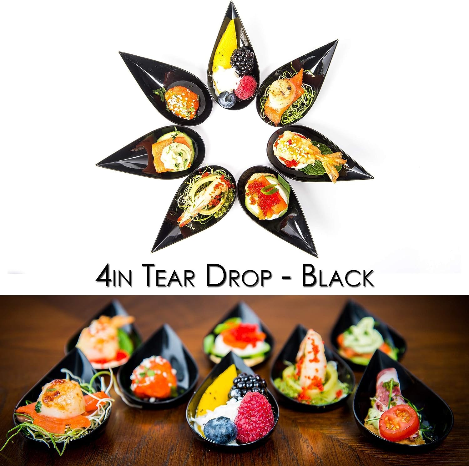 Dlux 100 4-In Tear Drop Mini Appetizer Plates, Reusable Black Plastic Spoons - Desserts And Appetizers Dishes Serving Plate - As