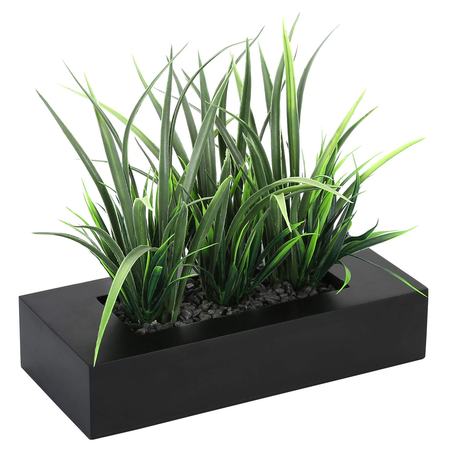 MyGift Artificial Green Grass Plants Potted in 9-inch Matte Black Wood Decorative Planter, Tabletop Faux Greenery in Wooden Rect