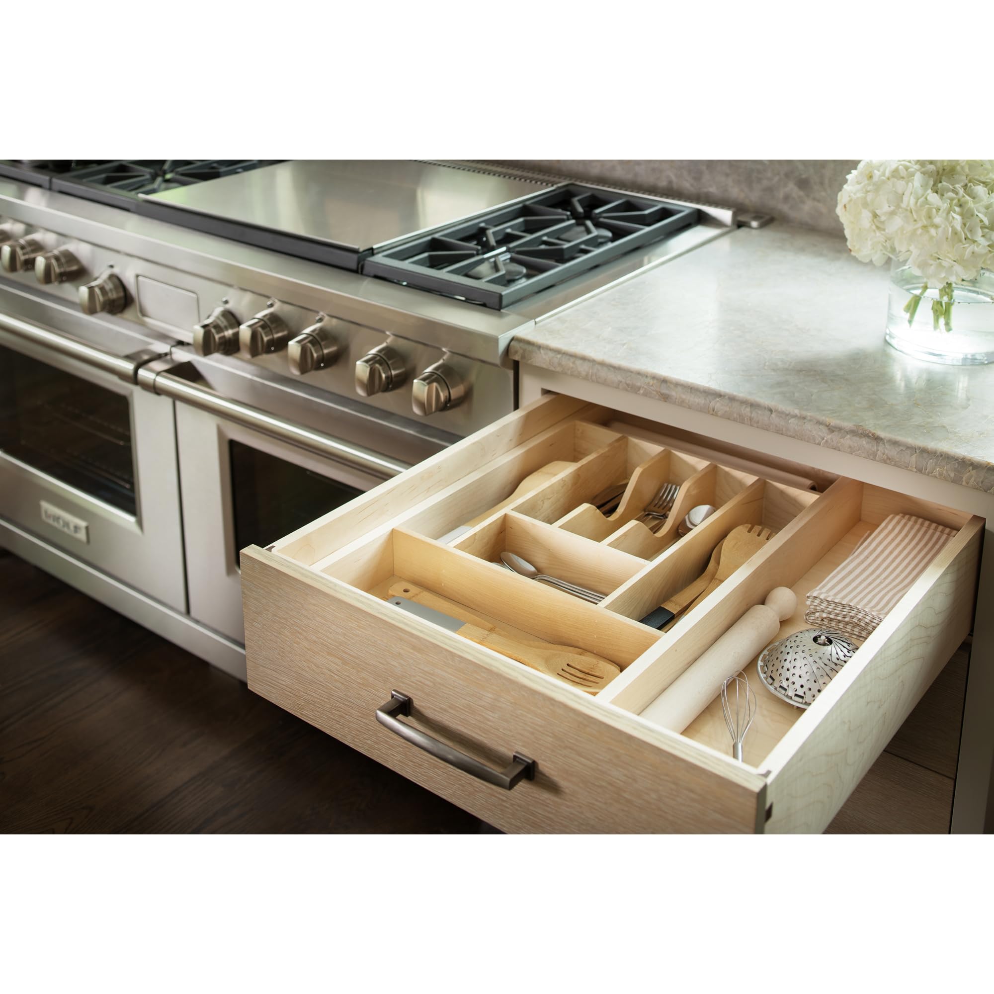 Rev-A-Shelf Trim-To-Fit Silverware Drawer Organizer For Kitchen Utensil Cutlery Cabinet Storage, Natural Maple Wood 7 Compartmen