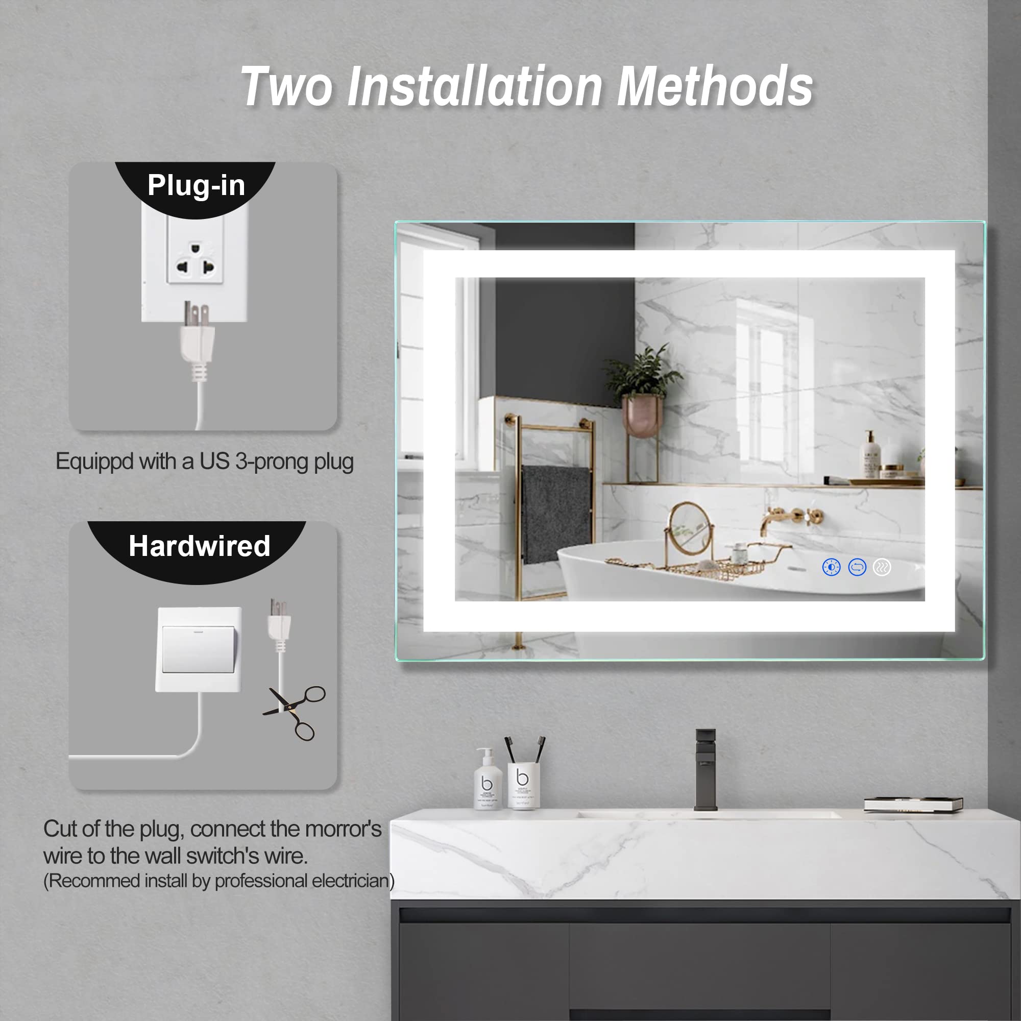 FITLAND 32''x 24'' LED Bathroom Mirror Vanity Mirror  Anti-Fog  Dimmable  Color Temperature Adjustable 3000-6000K  Switch-held Memory Led Wall Mirror Suitable for Bathroom  Vanity (Vertical/Horizontal)